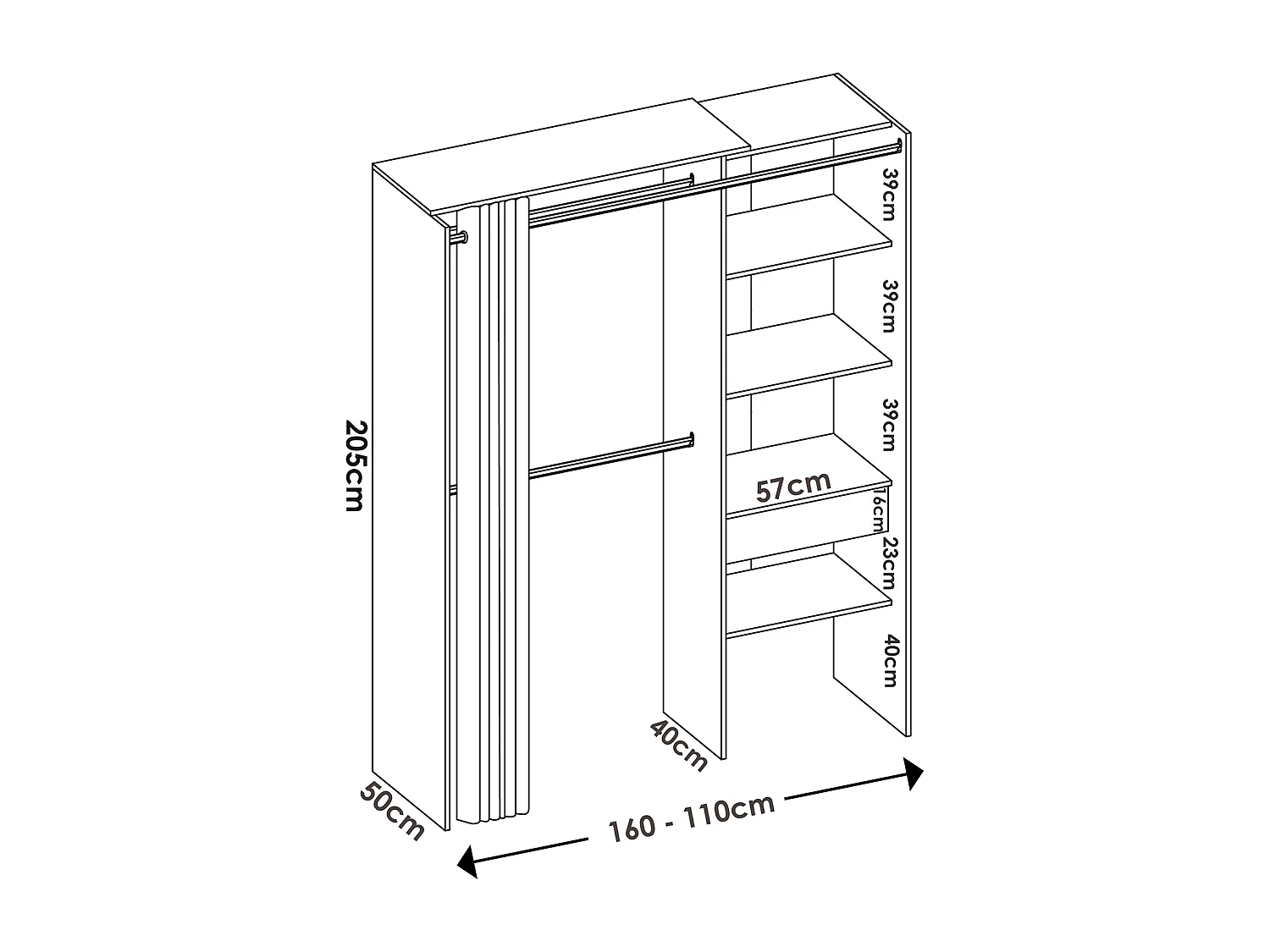 Armoire dressing en bois mélaminé avec penderies, 1 tiroir et 1 rideau coloris chêne naturel, graphite  - Longueur 160 x Profondeur 50 x Hauteur 205 cm