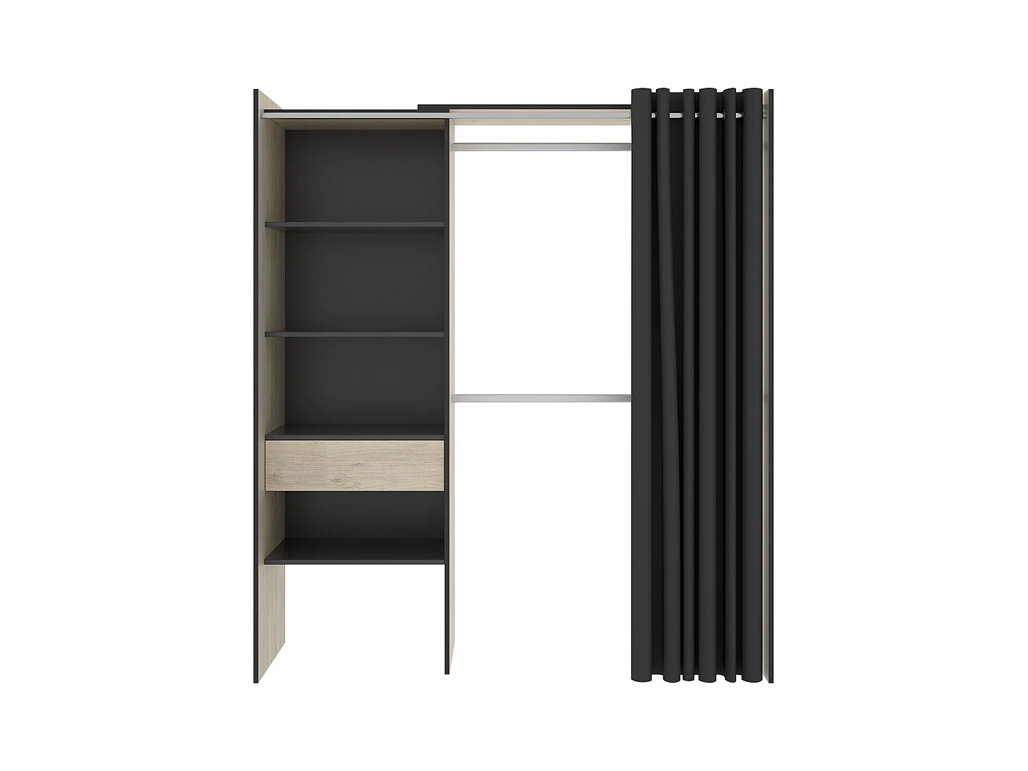 Armoire dressing en bois mélaminé avec penderies, 1 tiroir et 1 rideau coloris chêne naturel, graphite  - Longueur 160 x Profondeur 50 x Hauteur 205 cm