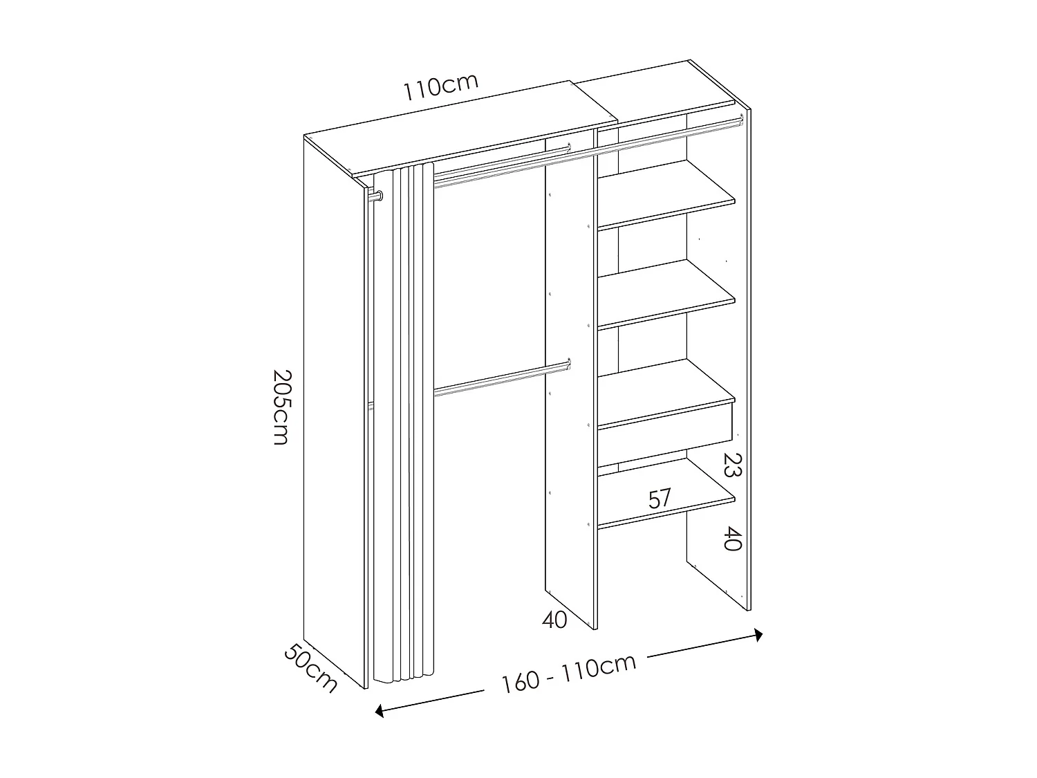 Armoire dressing en bois mélaminé avec penderies, 1 tiroir et 1 rideau coloris chêne naturel, graphite  - Longueur 160 x Profondeur 50 x Hauteur 205 cm