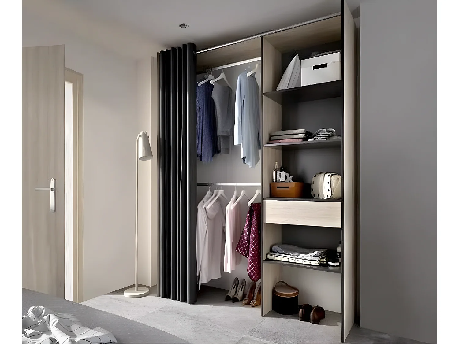 Armoire dressing en bois mélaminé avec penderies, 1 tiroir et 1 rideau coloris chêne naturel, graphite  - Longueur 160 x Profondeur 50 x Hauteur 205 cm