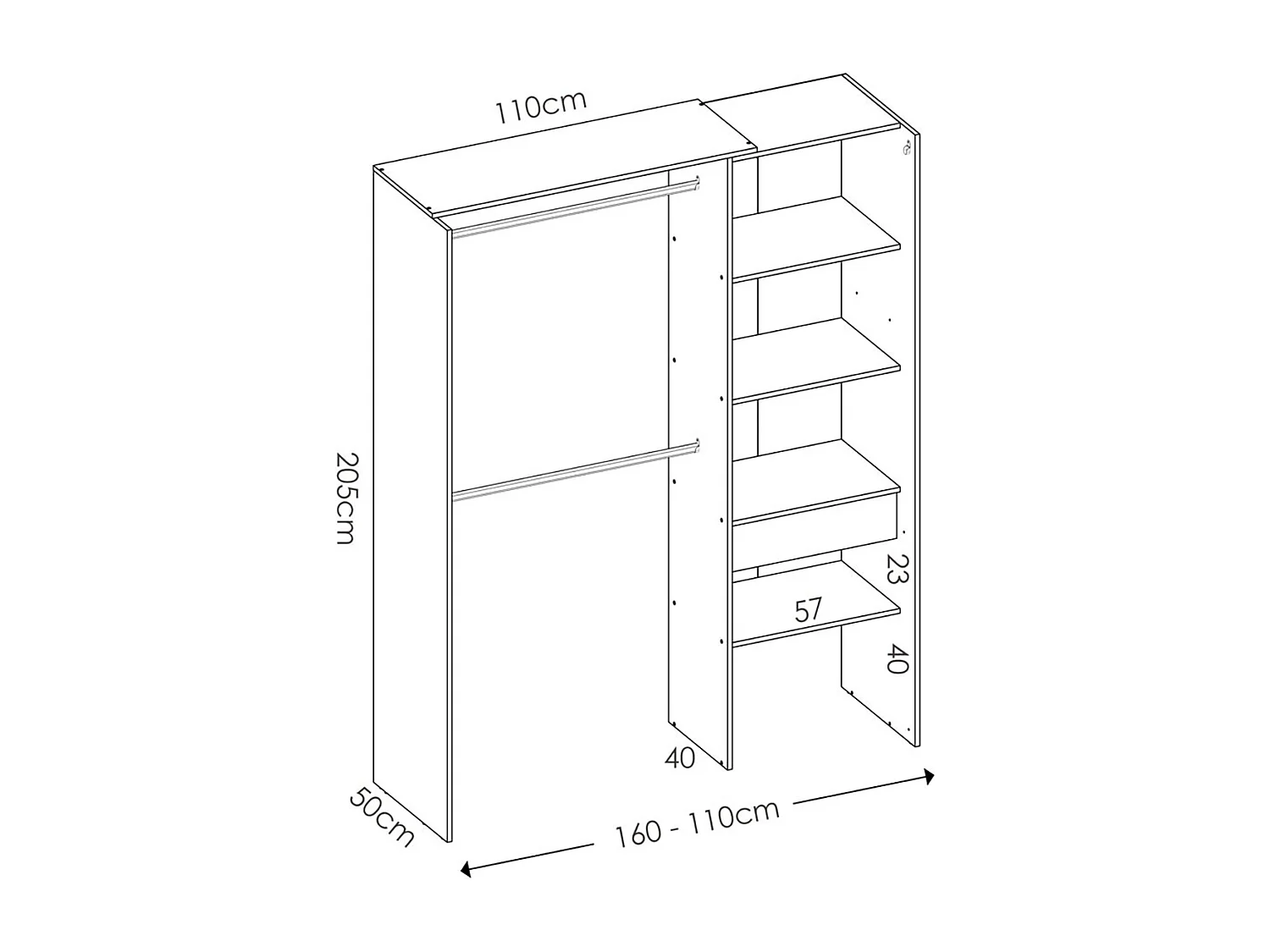 Armoire dressing en bois mélaminé avec penderies, 1 tiroir et 1 rideau coloris chêne naturel, graphite  - Longueur 160 x Profondeur 50 x Hauteur 205 cm