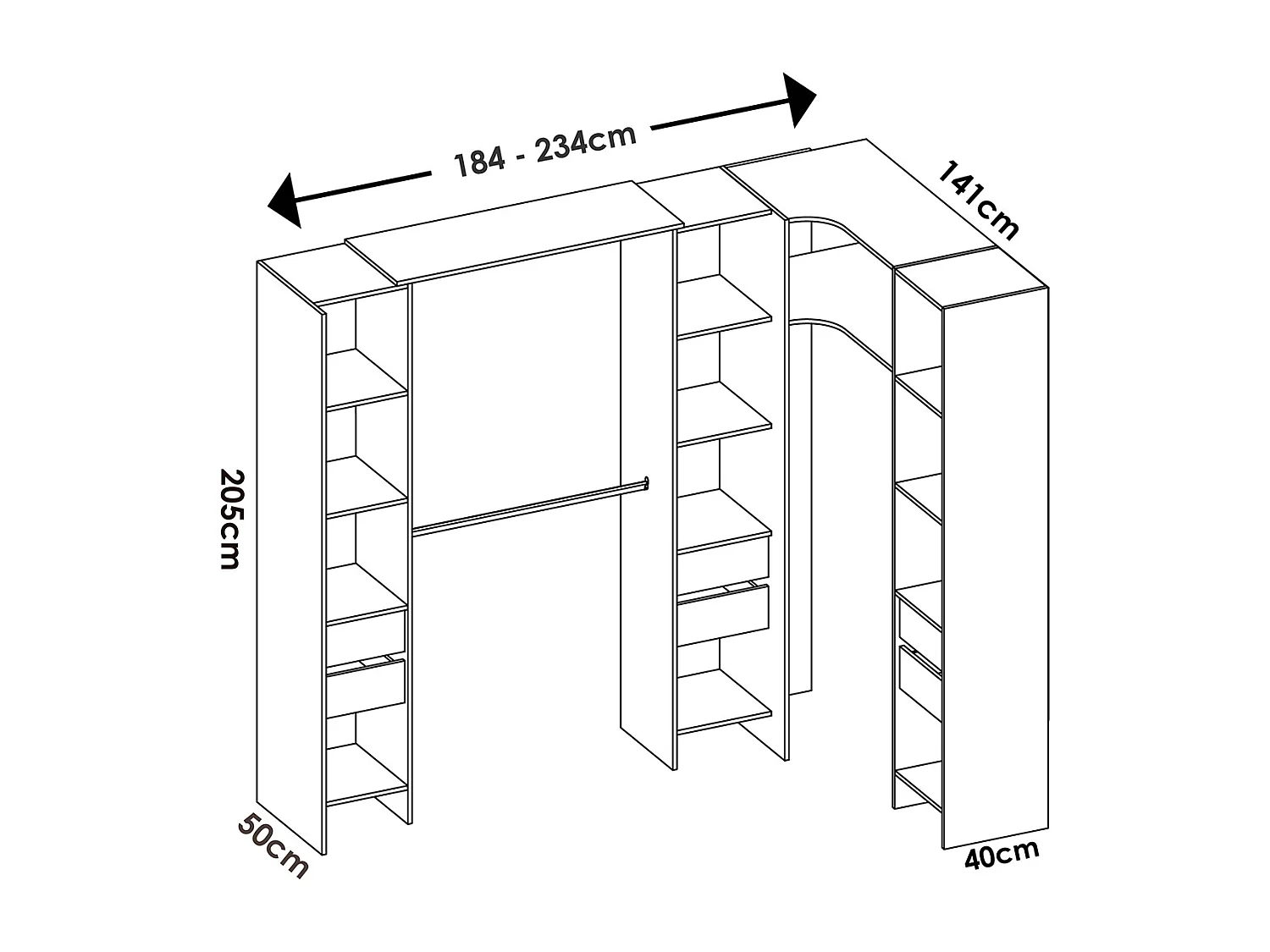 Kit armoire dressing d'angle extensible en bois mélaminé blanc - Longueur 164-234 x Profondeur 141 x Hauteur 205 cm