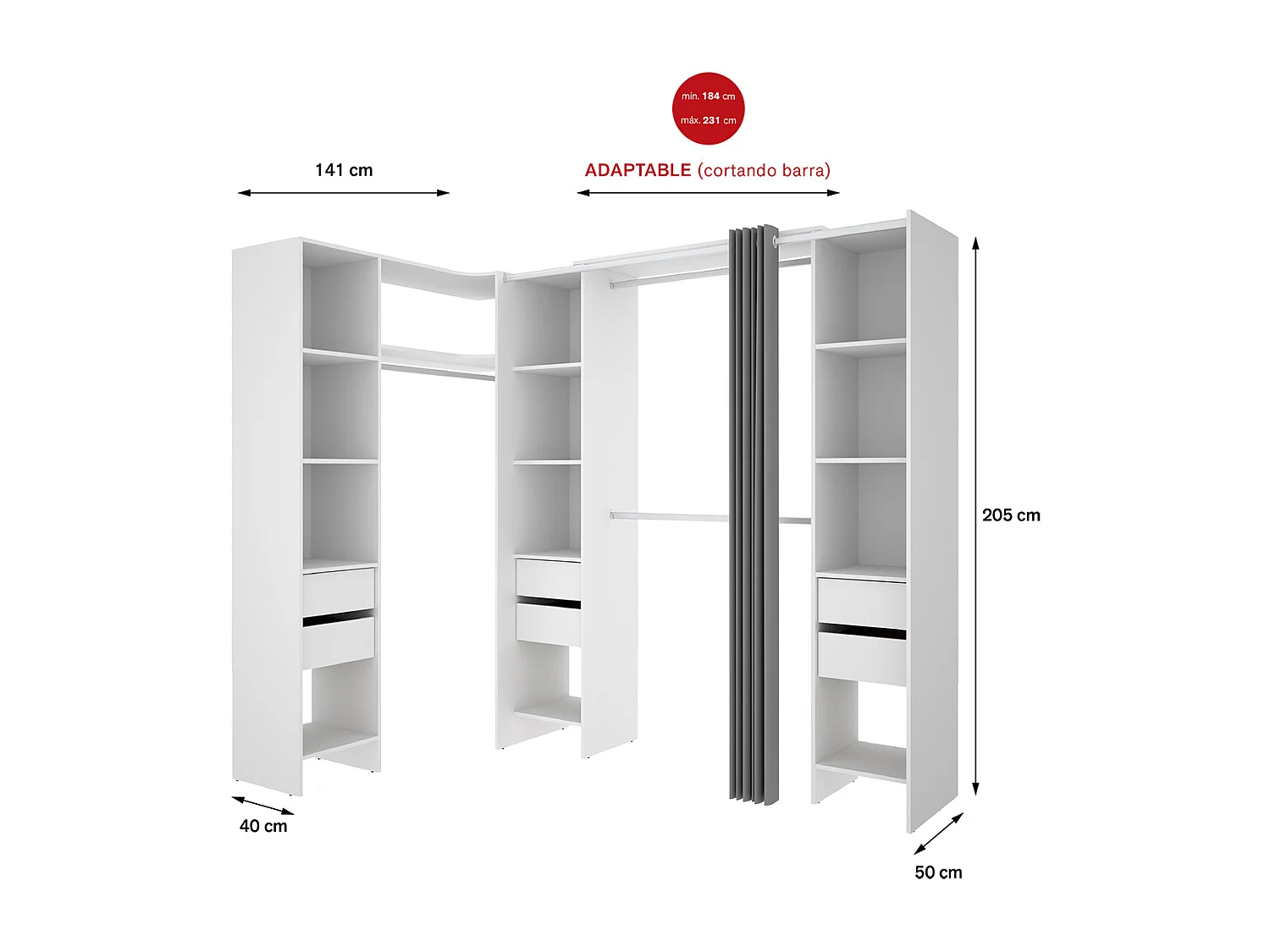 Kit armoire dressing d'angle extensible en bois mélaminé blanc - Longueur 164-234 x Profondeur 141 x Hauteur 205 cm