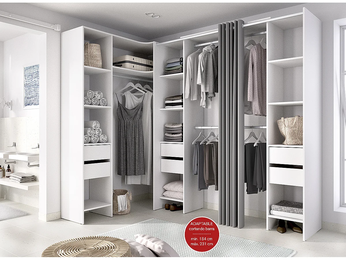 Kit armoire dressing d'angle extensible en bois mélaminé blanc - Longueur 164-234 x Profondeur 141 x Hauteur 205 cm