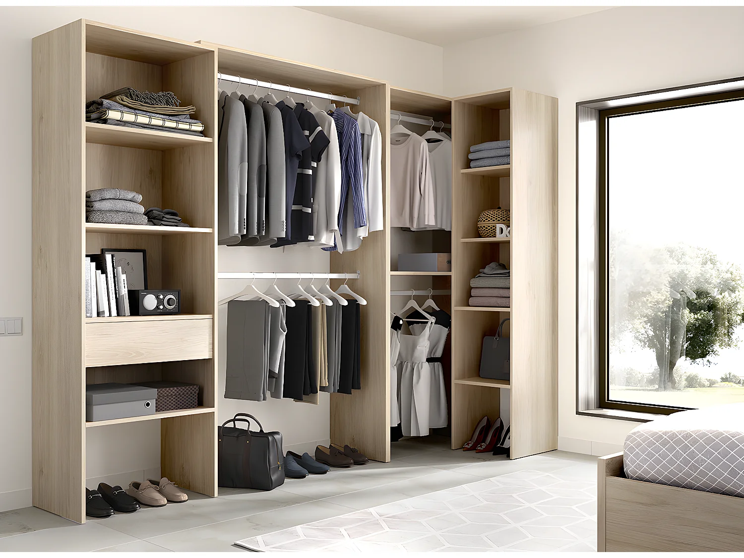 Kit armoire dressing d'angle en bois mélaminé coloris chêne naturel  - Longueur 248 x Profondeur 79 x Hauteur 187 cm