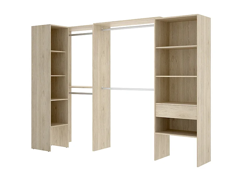 Kit armoire dressing d'angle en bois mélaminé coloris chêne naturel  - Longueur 248 x Profondeur 79 x Hauteur 187 cm
