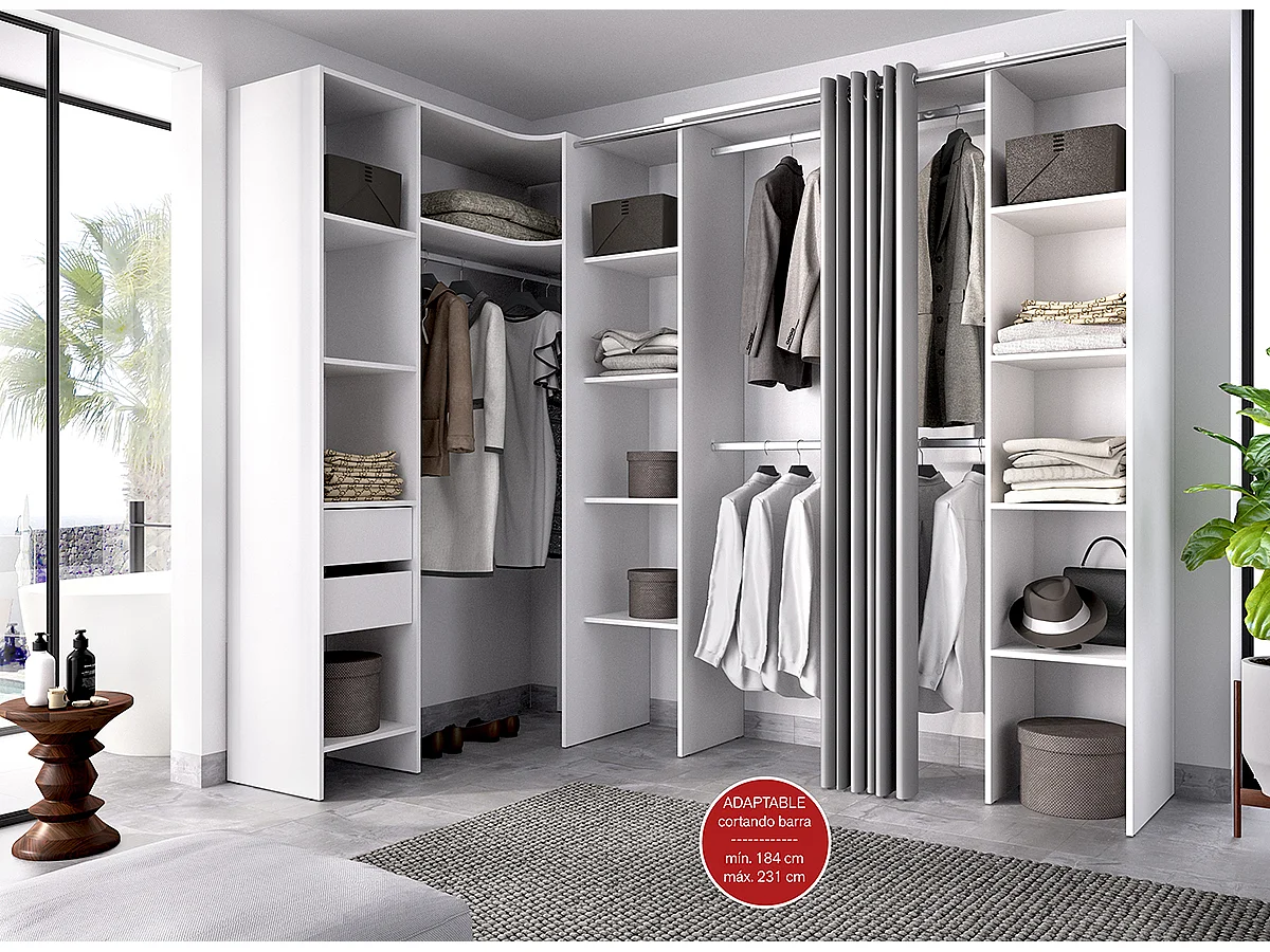 Kit armoire dressing d'angle extensible en bois mélaminé coloris blanc - Longueur 164-234 x Profondeur 141 x Hauteur 205 cm