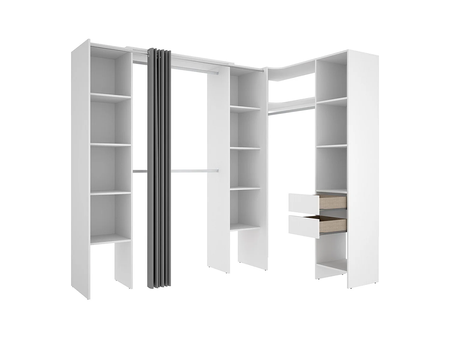 Kit armoire dressing d'angle extensible en bois mélaminé coloris blanc - Longueur 164-234 x Profondeur 141 x Hauteur 205 cm