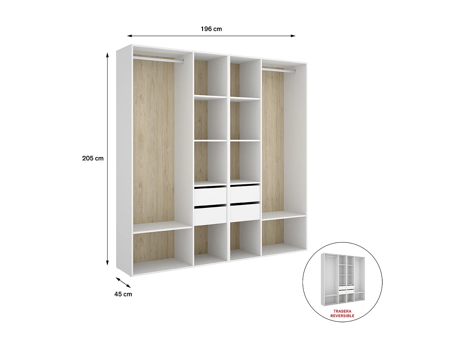 Ensemble dressing avec 4 tiroirs et fond d'arrière réversible coloris chêne naturel, blanc  - Longueur 196 x Profondeur 45 x Hauteur 205 cm