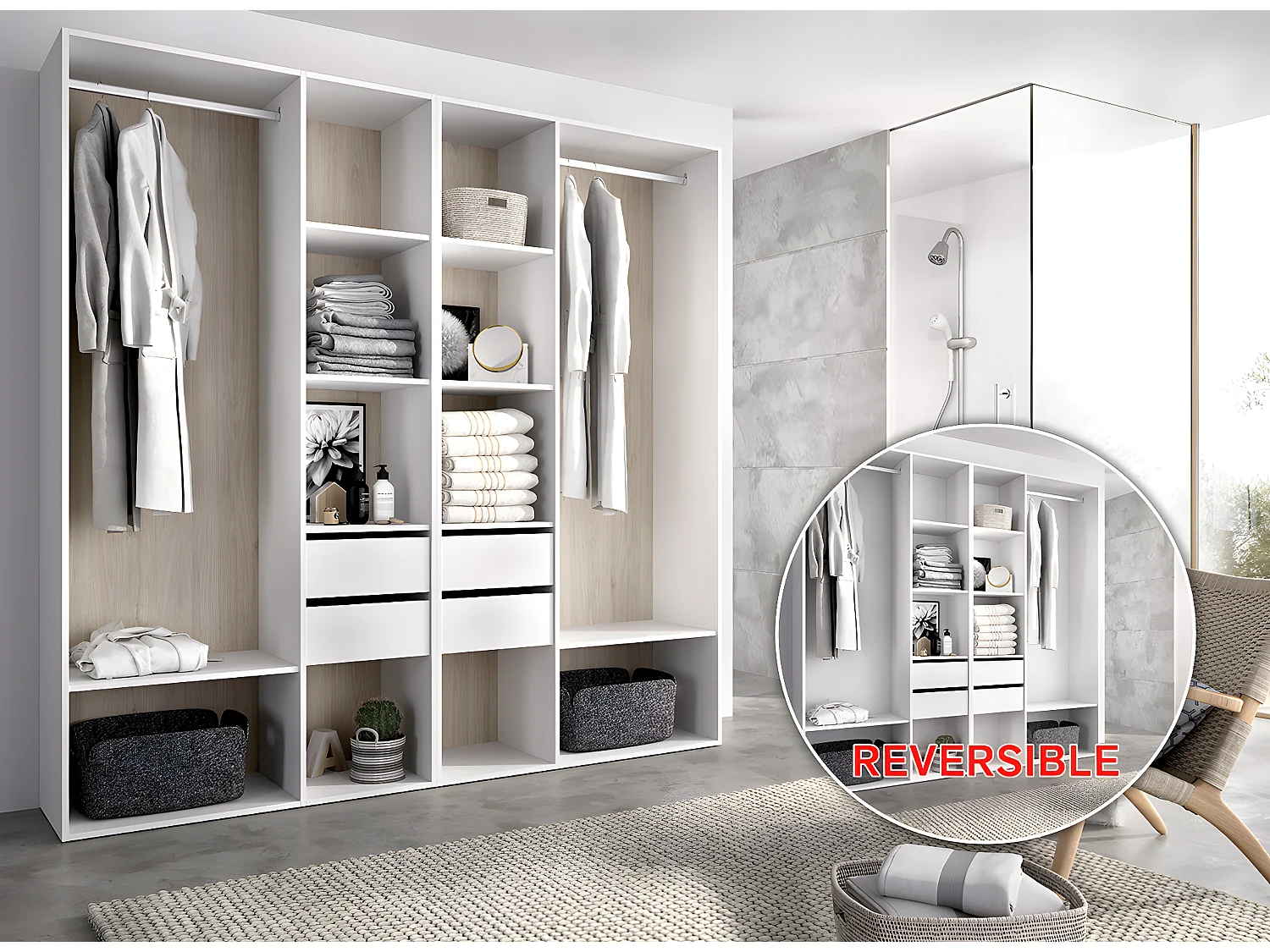 Ensemble dressing avec 4 tiroirs et fond d'arrière réversible coloris chêne naturel, blanc  - Longueur 196 x Profondeur 45 x Hauteur 205 cm