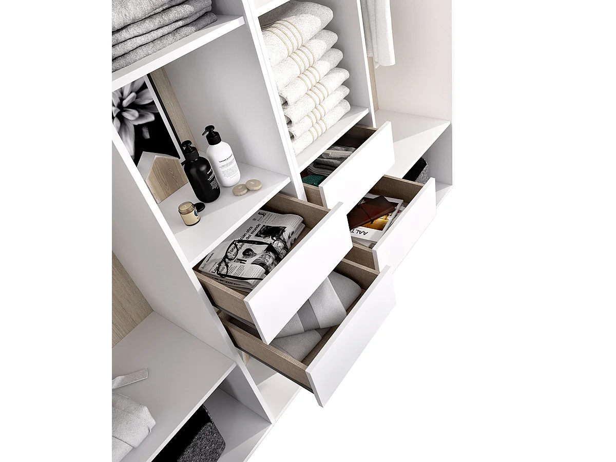 Ensemble dressing avec 4 tiroirs et fond d'arrière réversible coloris chêne naturel, blanc  - Longueur 196 x Profondeur 45 x Hauteur 205 cm