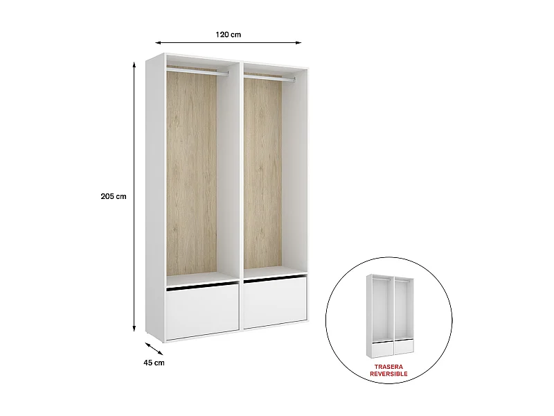Ensemble dressing avec 2 portes à chaussures et fond d'arrière réversible coloris chêne naturel, blanc  - Longueur 120 x Profondeur 45 x Hauteur 205 cm