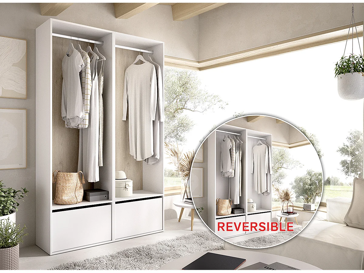 Ensemble dressing avec 2 portes à chaussures et fond d'arrière réversible coloris chêne naturel, blanc  - Longueur 120 x Profondeur 45 x Hauteur 205 cm