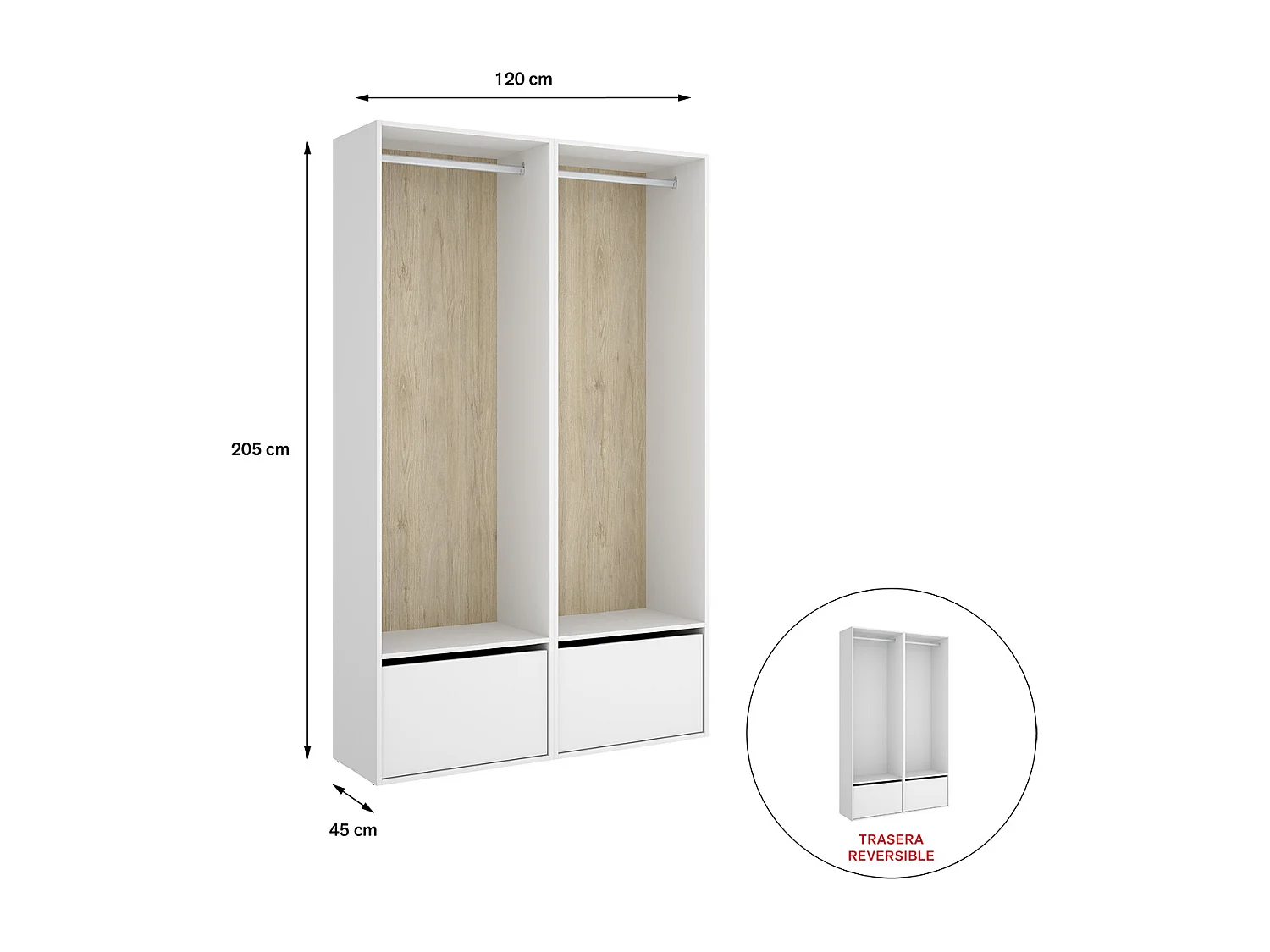 Ensemble dressing avec 2 portes à chaussures et fond d'arrière réversible coloris chêne naturel, blanc  - Longueur 120 x Profondeur 45 x Hauteur 205 cm