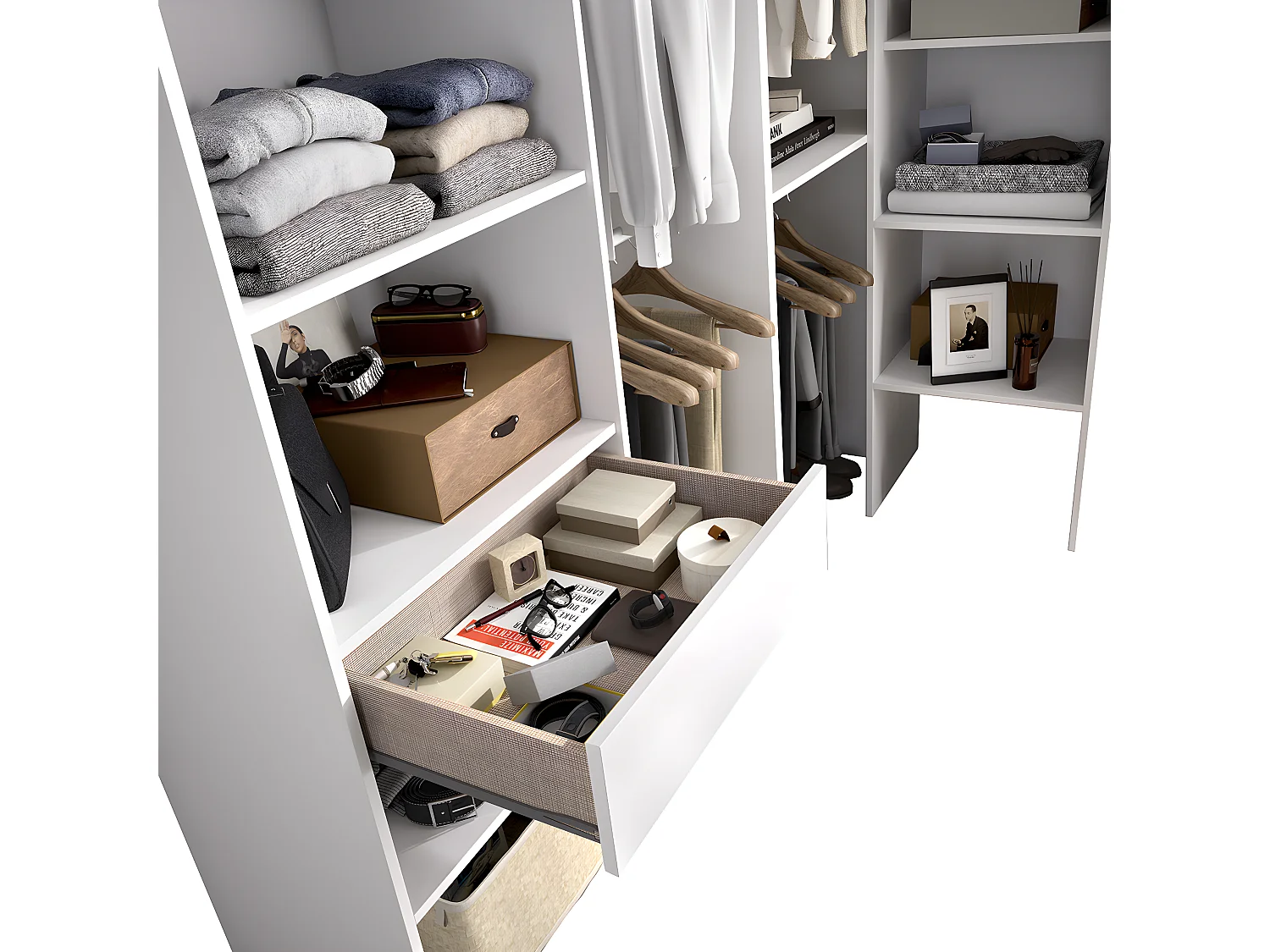 Kit armoire dressing d'angle extensible en bois mélaminé coloris blanc - Longueur 198-248 x Profondeur 79 x Hauteur 187 cm