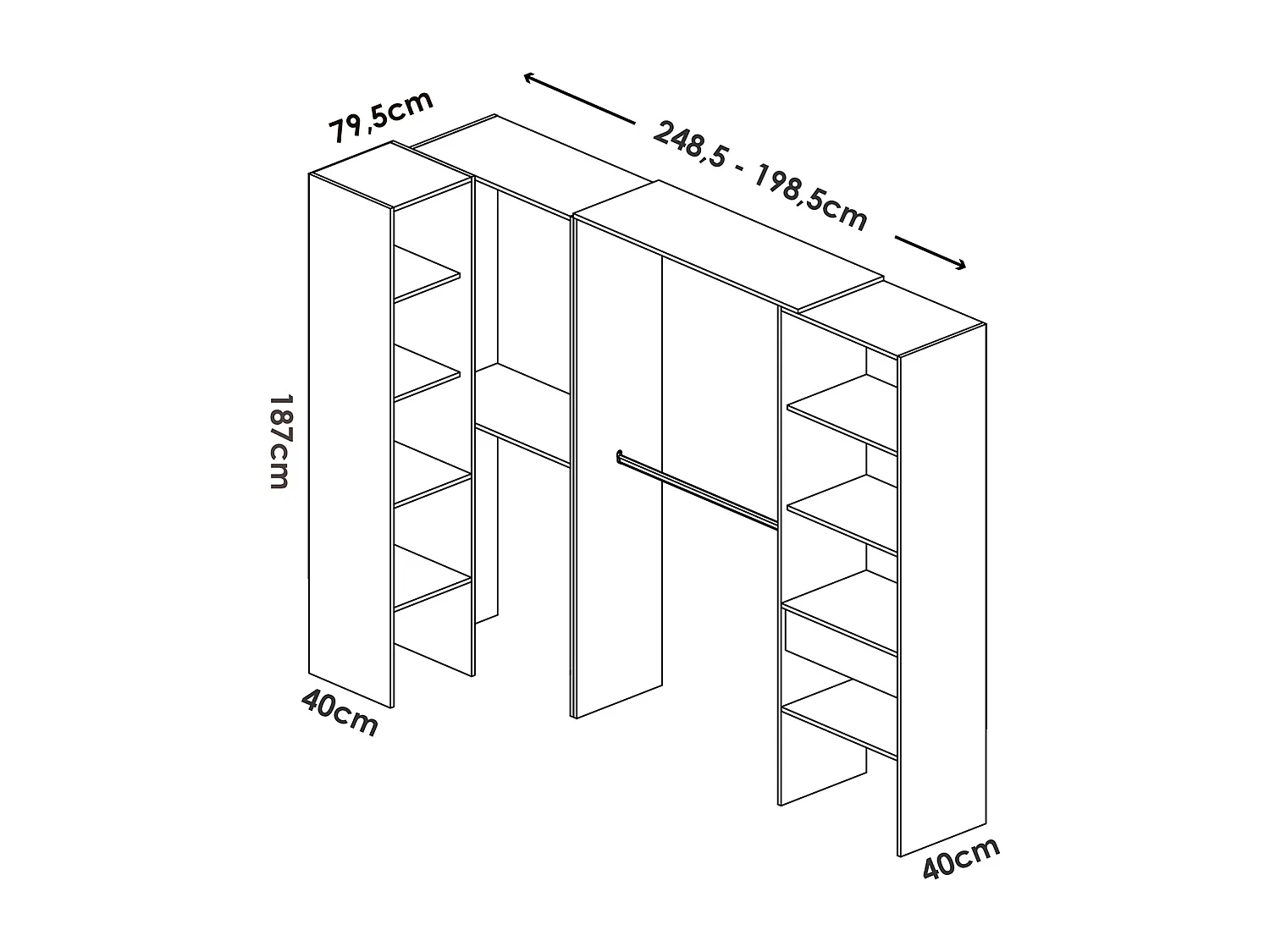 Kit armoire dressing d'angle extensible en bois mélaminé coloris blanc - Longueur 198-248 x Profondeur 79 x Hauteur 187 cm