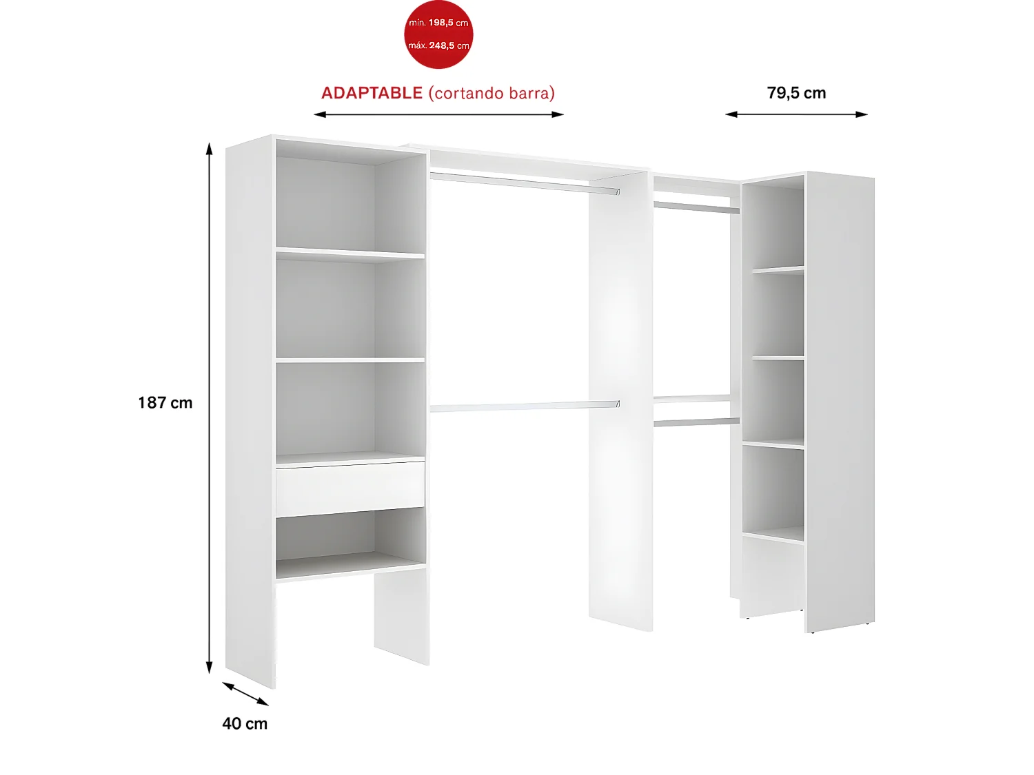 Kit armoire dressing d'angle extensible en bois mélaminé coloris blanc - Longueur 198-248 x Profondeur 79 x Hauteur 187 cm