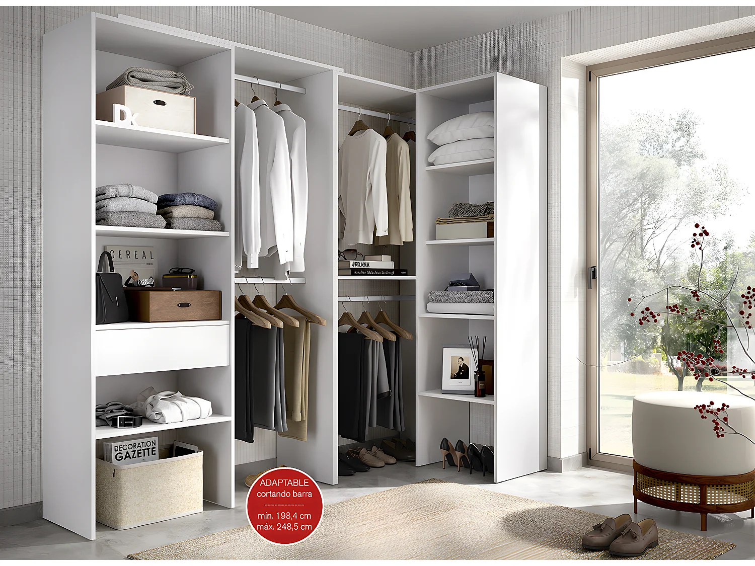 Kit armoire dressing d'angle extensible en bois mélaminé coloris blanc - Longueur 198-248 x Profondeur 79 x Hauteur 187 cm