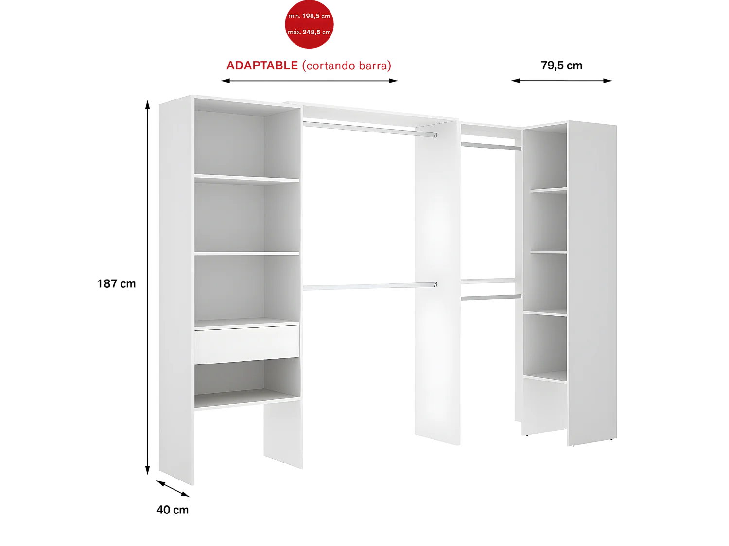 Kit armoire dressing d'angle extensible en bois mélaminé coloris blanc - Longueur 198-248 x Profondeur 79 x Hauteur 187 cm