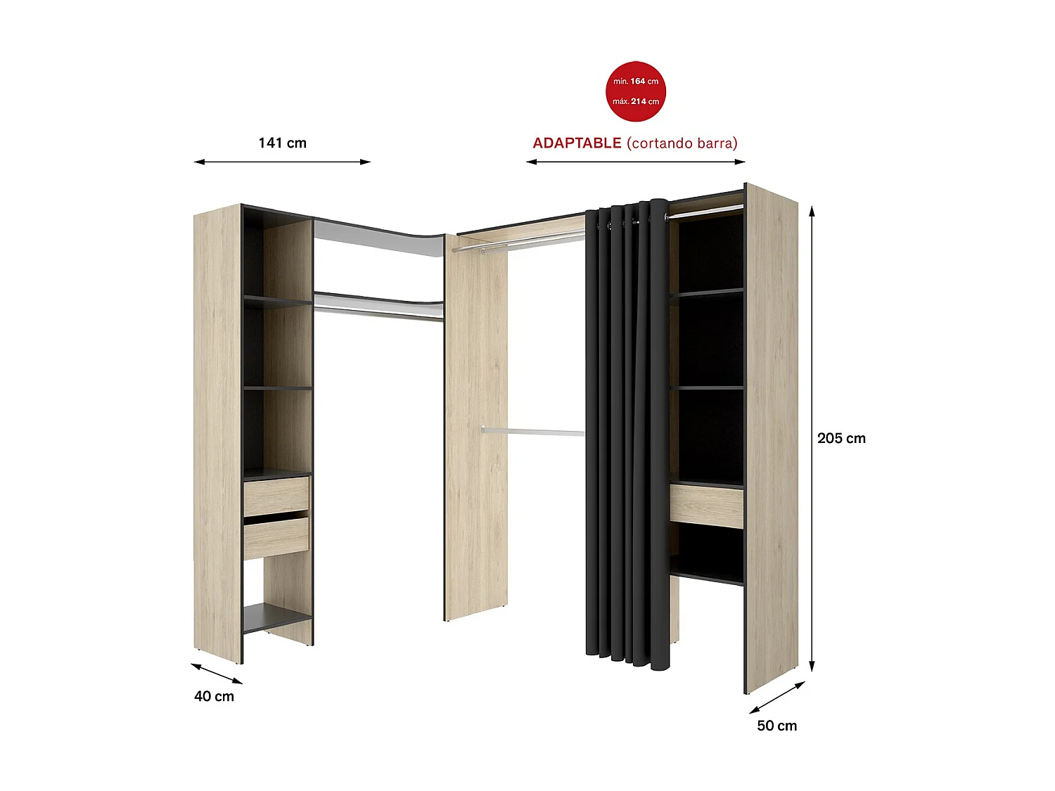 Kit armoire dressing d'angle extensible en bois mélaminé coloris chêne naturel, graphite - Longueur 164-214 x Profondeur 141 x Hauteur 205 cm