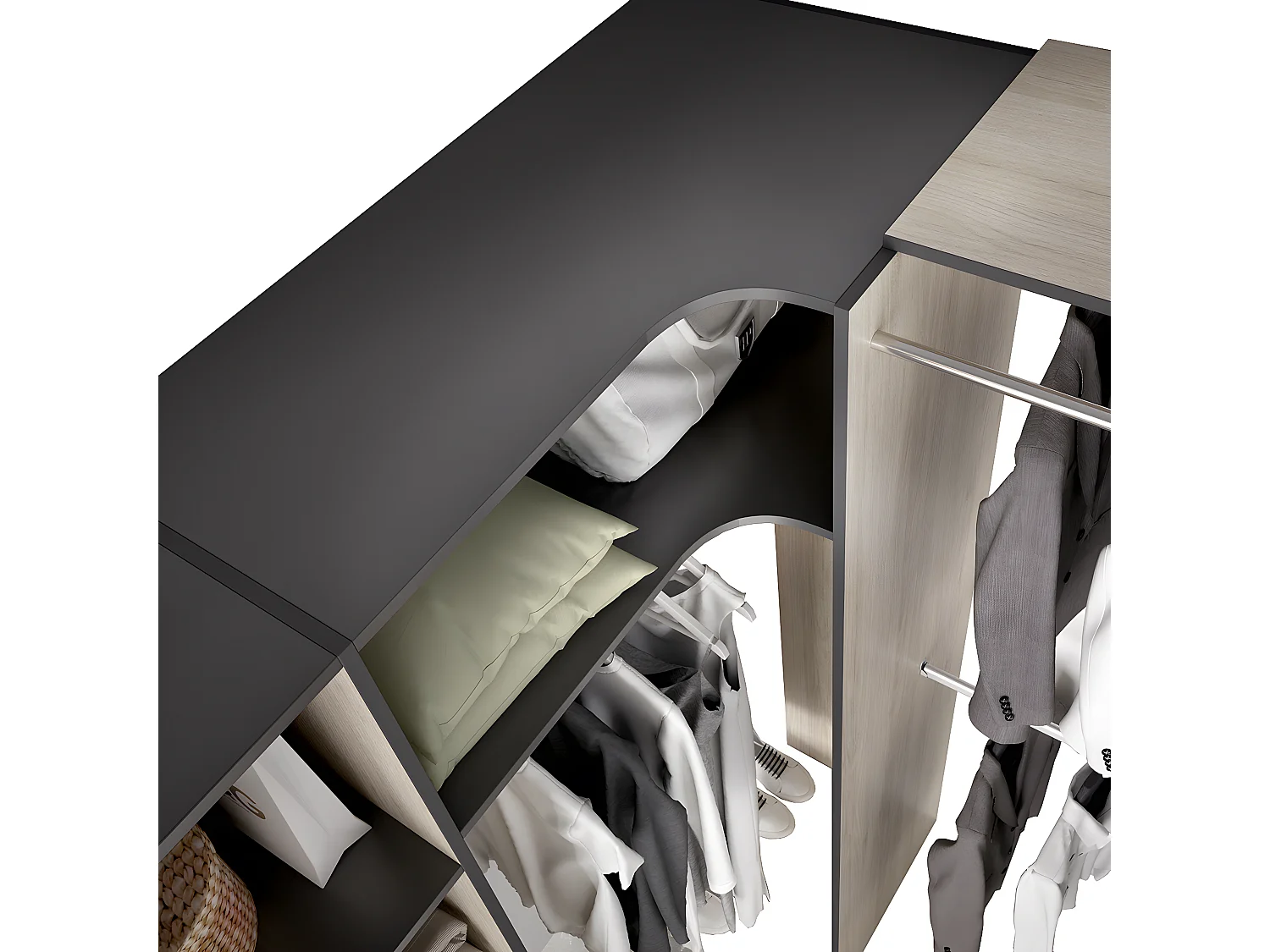 Kit armoire dressing d'angle extensible en bois mélaminé coloris chêne naturel, graphite - Longueur 164-214 x Profondeur 141 x Hauteur 205 cm