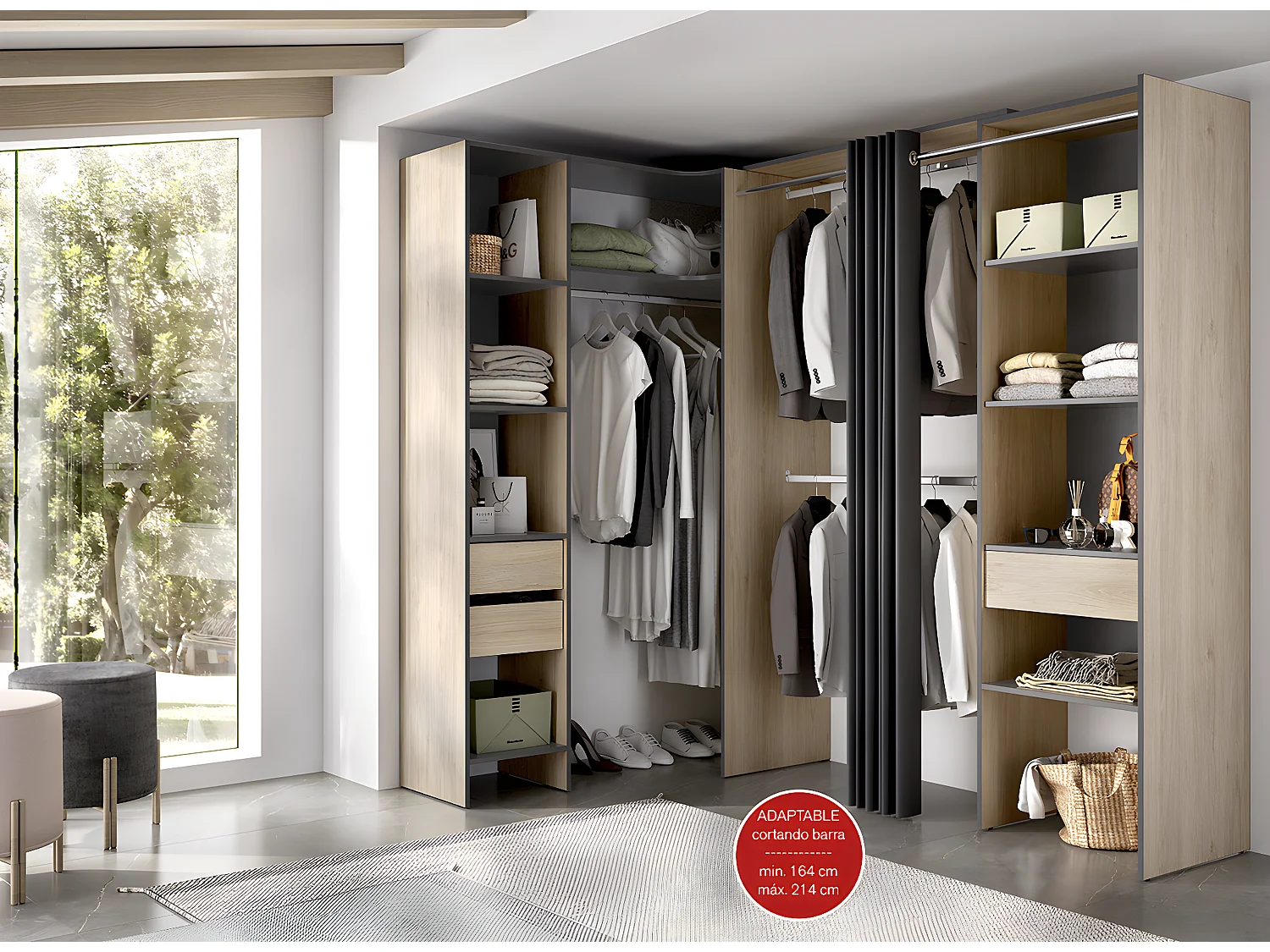 Kit armoire dressing d'angle extensible en bois mélaminé coloris chêne naturel, graphite - Longueur 164-214 x Profondeur 141 x Hauteur 205 cm