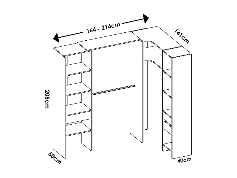Kit armoire dressing d'angle extensible en bois mélaminé coloris chêne naturel, graphite - Longueur 164-214 x Profondeur 141 x Hauteur 205 cm
