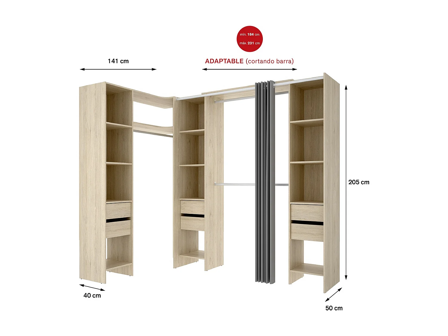 Kit armoire dressing d'angle extensible en bois mélaminé chêne naturel - Longueur 164-234 x Profondeur 141 x Hauteur 205 cm