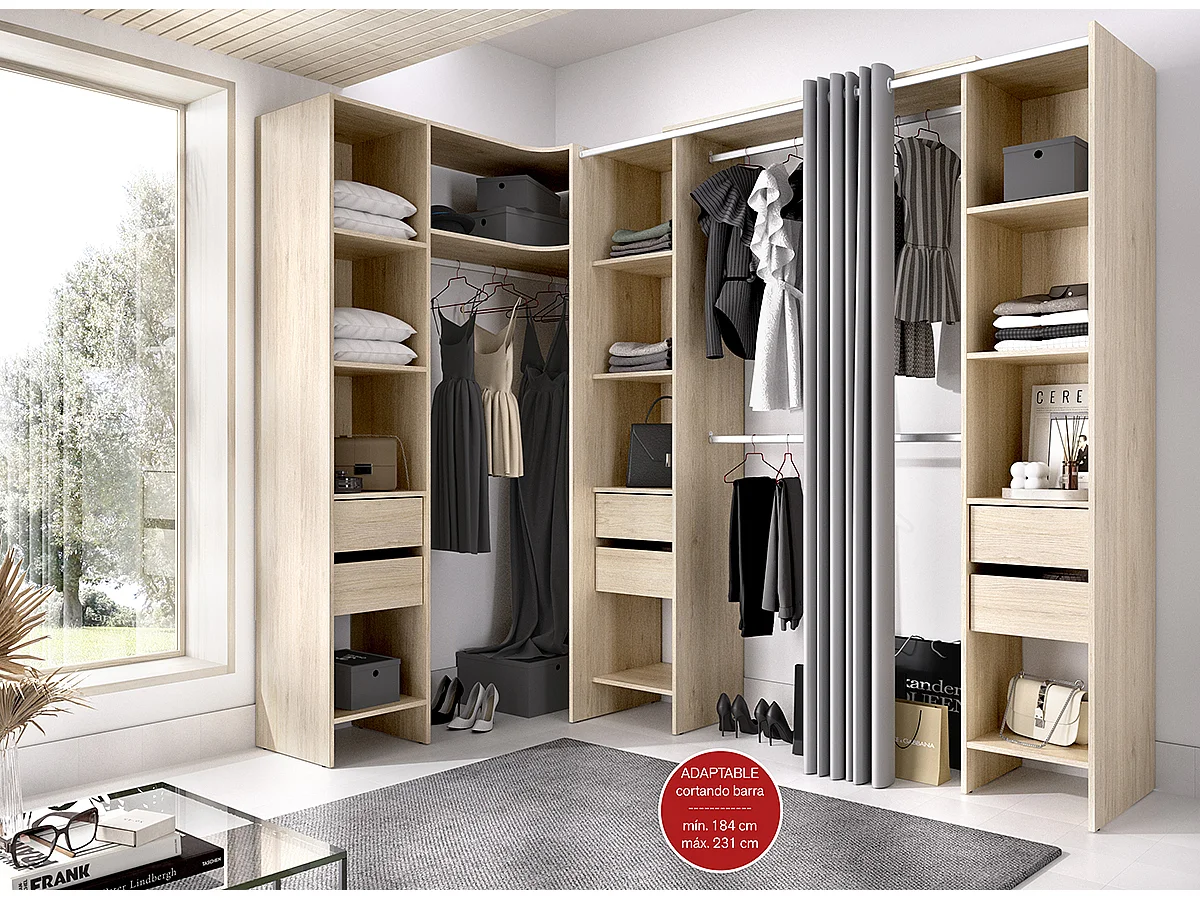 Kit armoire dressing d'angle extensible en bois mélaminé chêne naturel - Longueur 164-234 x Profondeur 141 x Hauteur 205 cm