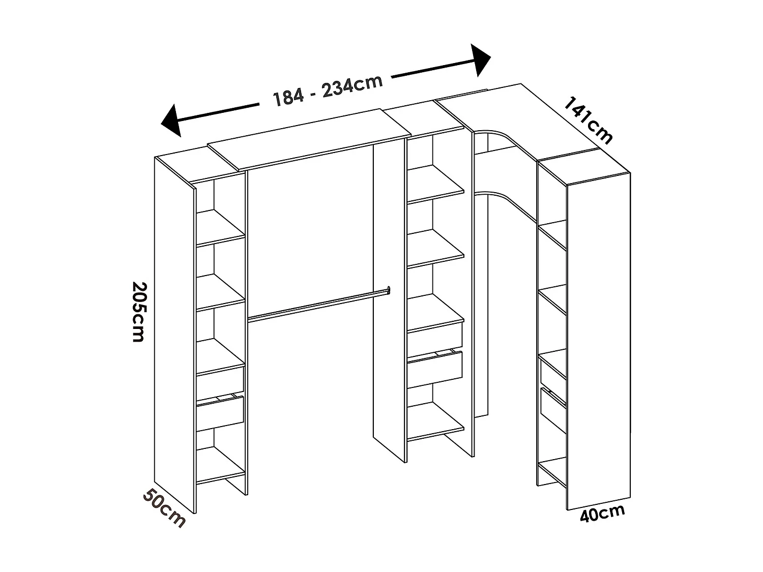 Kit armoire dressing d'angle extensible en bois mélaminé chêne naturel - Longueur 164-234 x Profondeur 141 x Hauteur 205 cm
