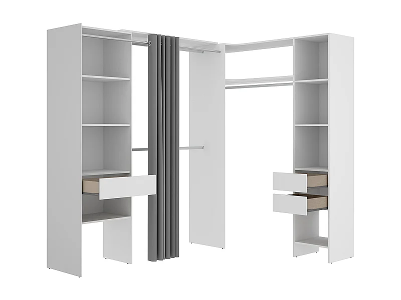 Kit armoire dressing d'angle extensible en bois mélaminé coloris blanc - Longueur  164-214 x Profondeur 141 x Hauteur 205 cm