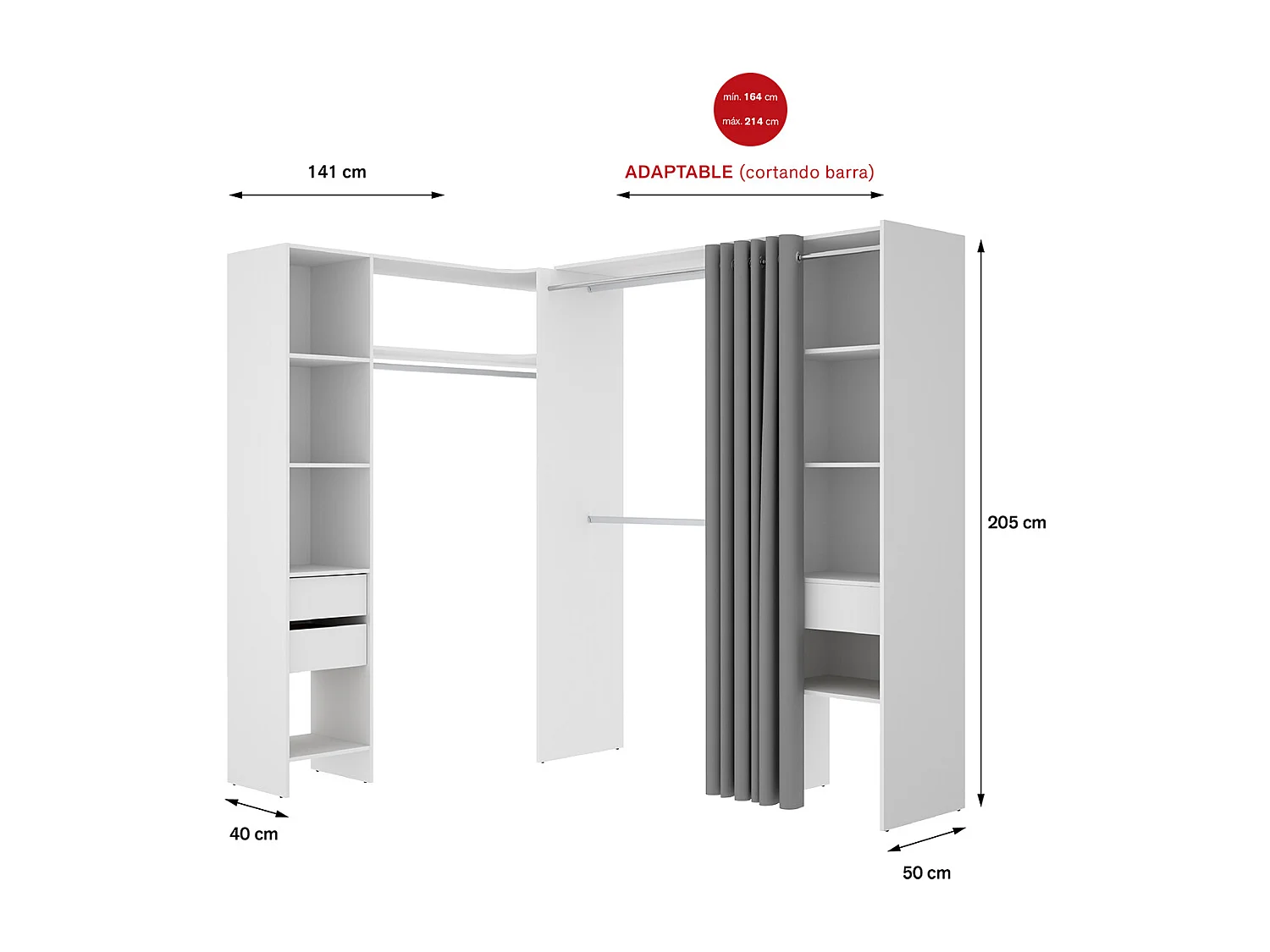 Kit armoire dressing d'angle extensible en bois mélaminé coloris blanc - Longueur  164-214 x Profondeur 141 x Hauteur 205 cm