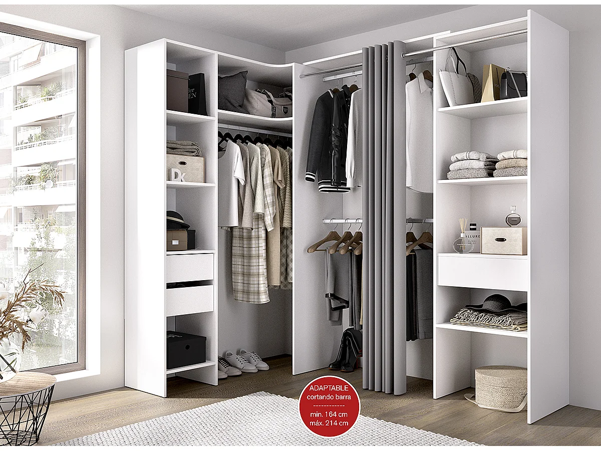 Kit armoire dressing d'angle extensible en bois mélaminé coloris blanc - Longueur  164-214 x Profondeur 141 x Hauteur 205 cm