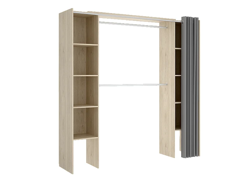Armoire dressing extensible coloris chêne naturel avec rideau  - Longueur 180 x Profondeur 50 x Hauteur 205 cm