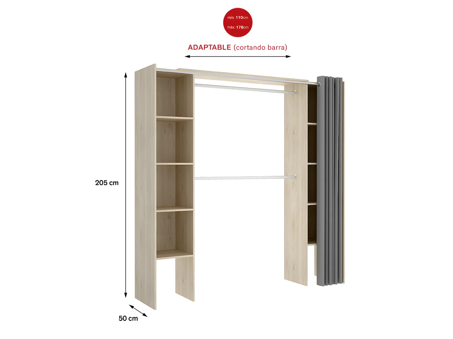 Armoire dressing extensible coloris chêne naturel avec rideau  - Longueur 180 x Profondeur 50 x Hauteur 205 cm