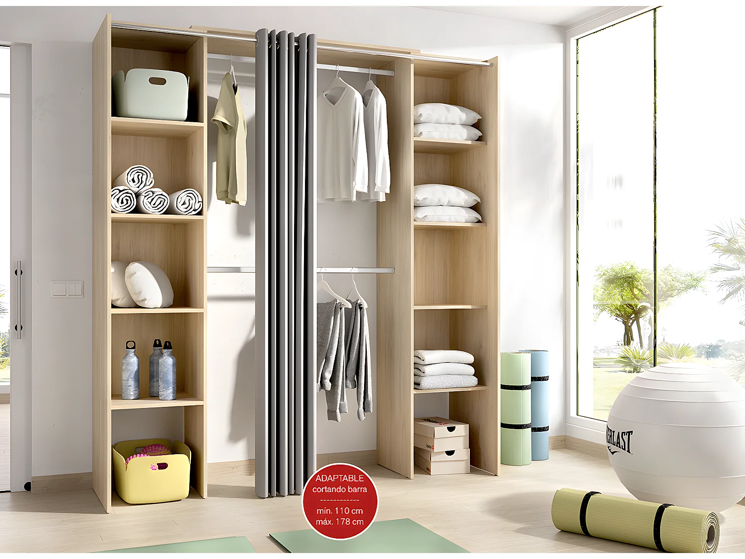 Armoire dressing extensible coloris chêne naturel avec rideau  - Longueur 180 x Profondeur 50 x Hauteur 205 cm