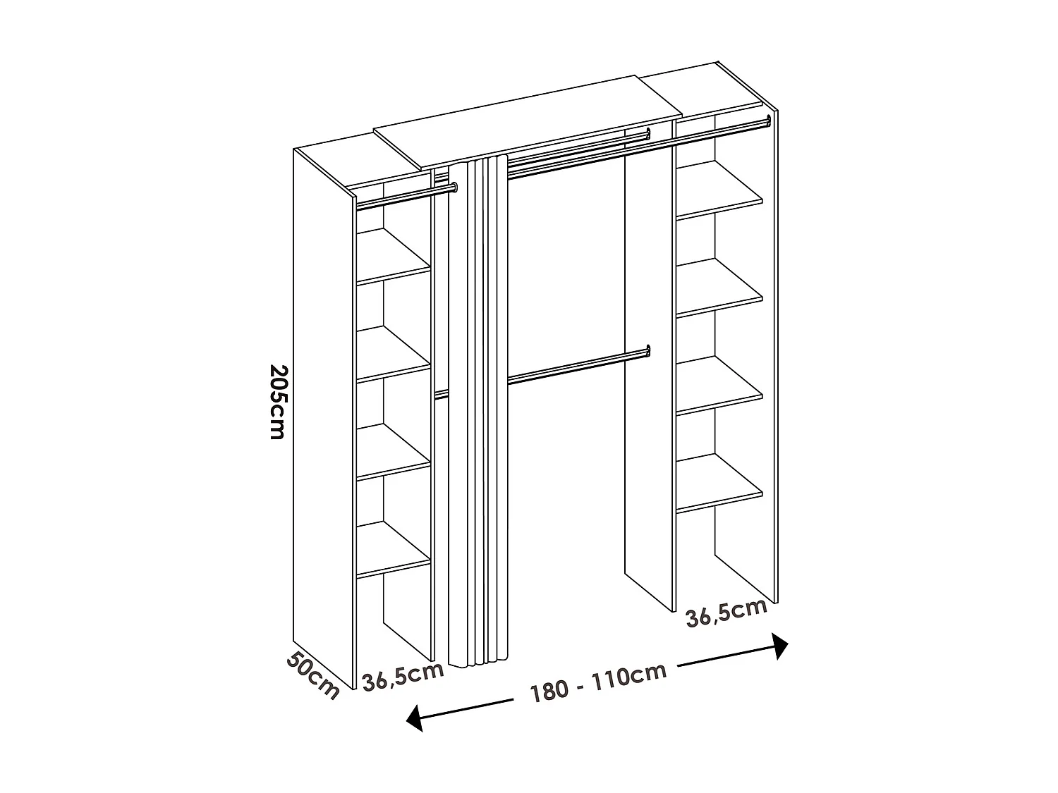 Armoire dressing extensible coloris chêne naturel avec rideau  - Longueur 180 x Profondeur 50 x Hauteur 205 cm