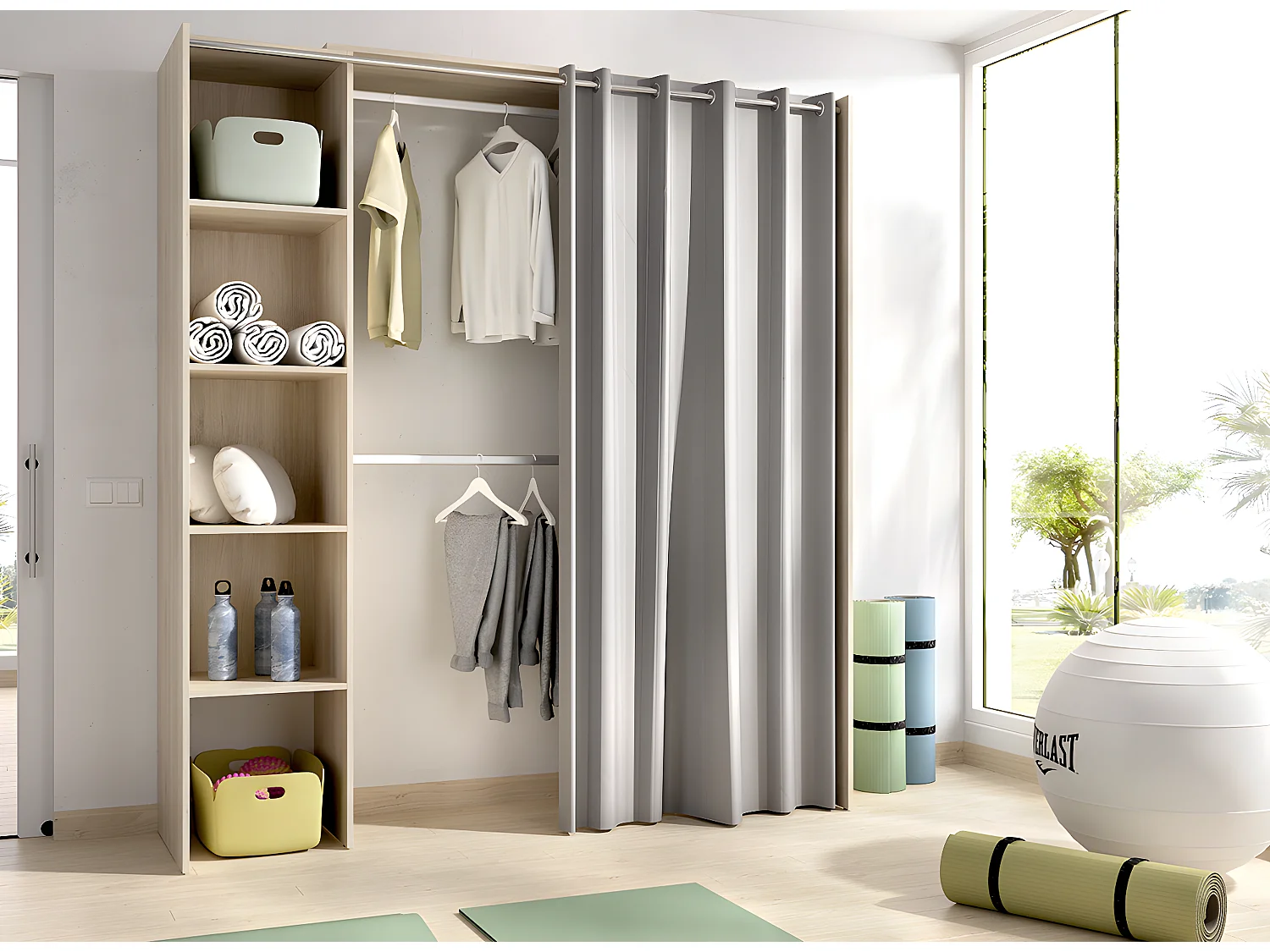 Armoire dressing extensible coloris chêne naturel avec rideau  - Longueur 180 x Profondeur 50 x Hauteur 205 cm