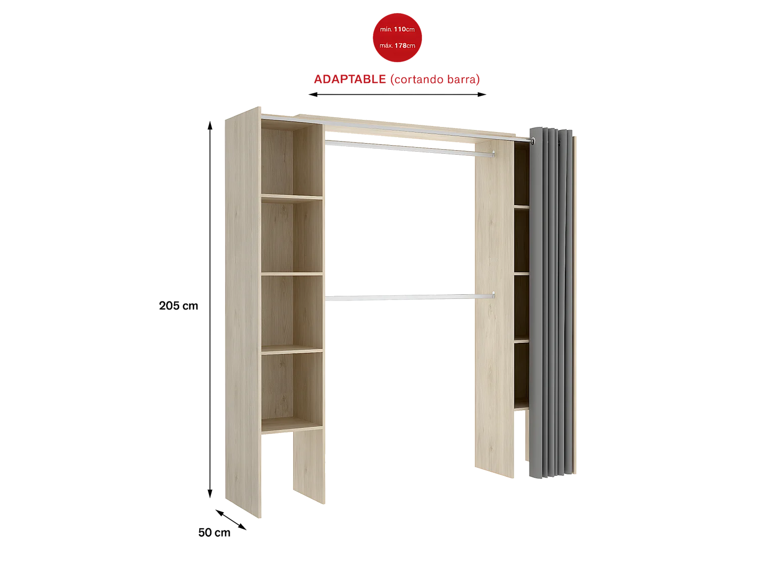 Armoire dressing extensible coloris chêne naturel avec rideau  - Longueur 180 x Profondeur 50 x Hauteur 205 cm