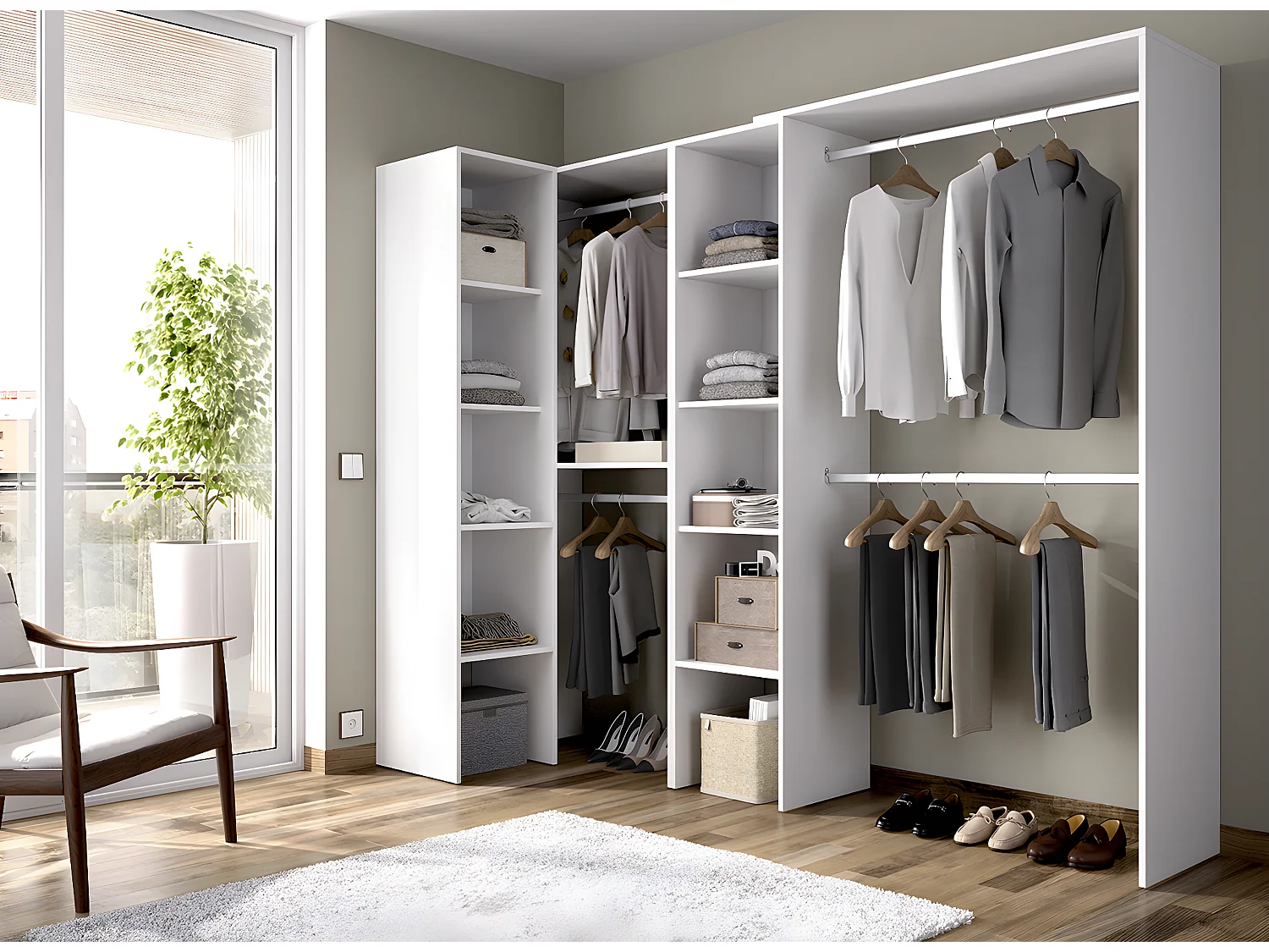 Kit armoire dressing d'angle en bois mélaminé coloris blanc - Longueur 228 x Profondeur 79 x Hauteur 187 cm