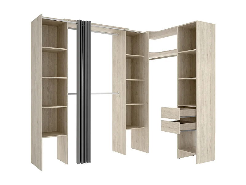 Kit armoire dressing d'angle extensible en bois mélaminé coloris chêne naturel - Longueur 164-234 x Profondeur 141 x Hauteur 205 cm