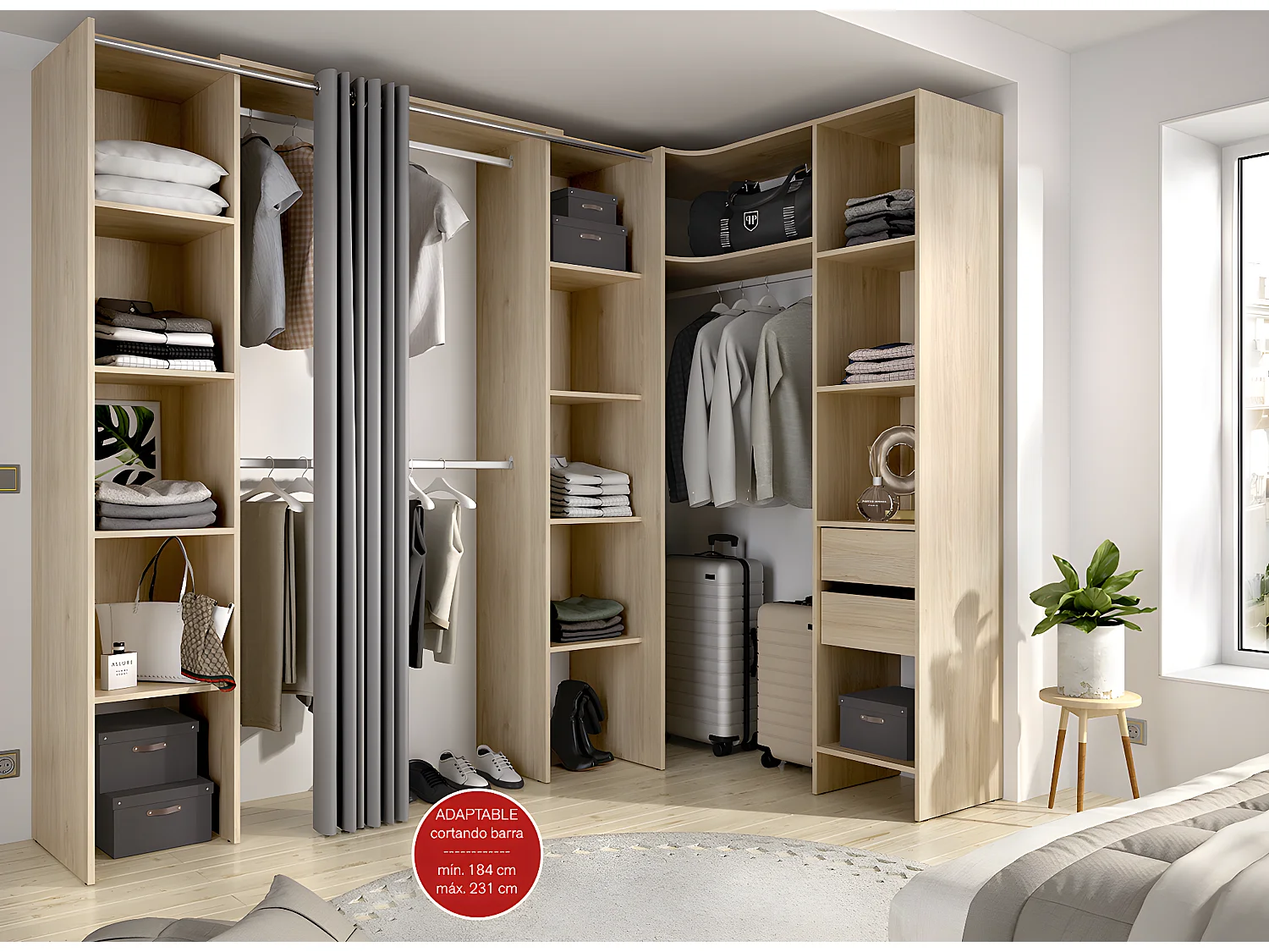 Kit armoire dressing d'angle extensible en bois mélaminé coloris chêne naturel - Longueur 164-234 x Profondeur 141 x Hauteur 205 cm