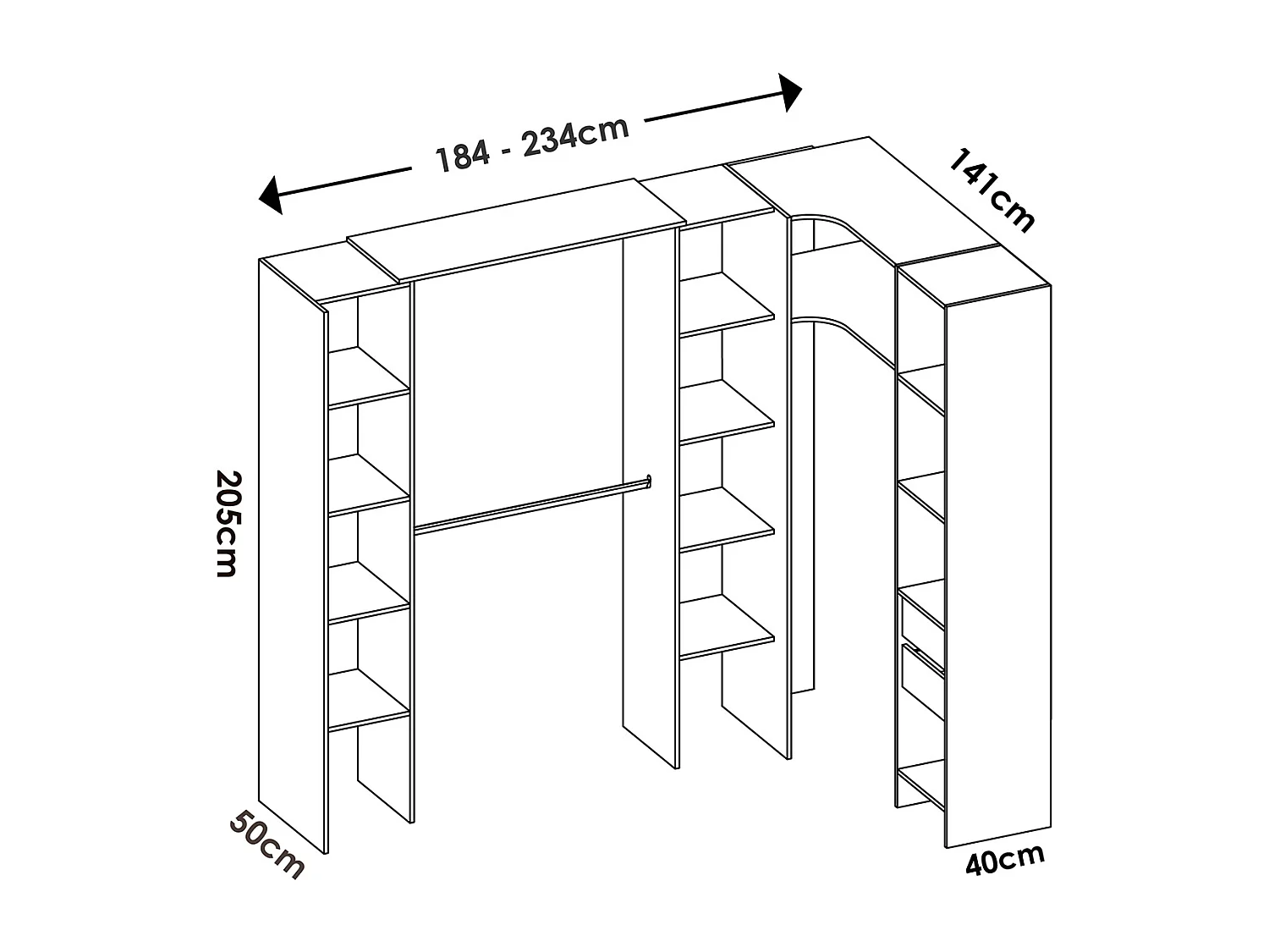 Kit armoire dressing d'angle extensible en bois mélaminé coloris chêne naturel - Longueur 164-234 x Profondeur 141 x Hauteur 205 cm