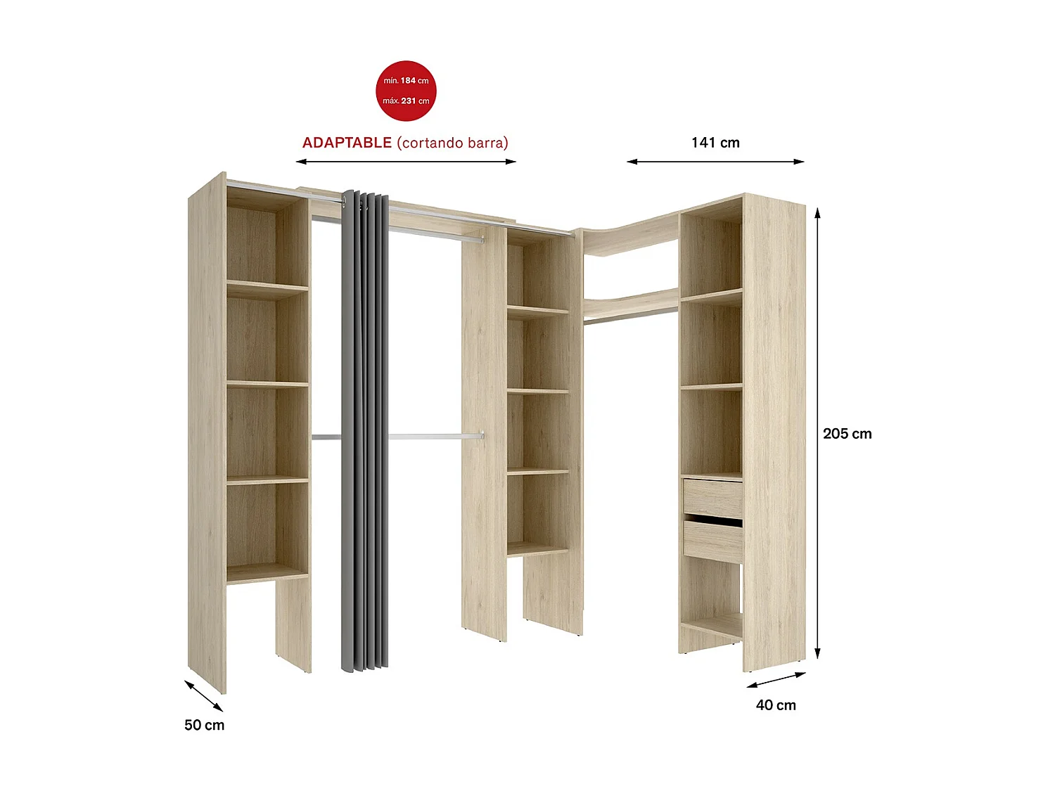 Kit armoire dressing d'angle extensible en bois mélaminé coloris chêne naturel - Longueur 164-234 x Profondeur 141 x Hauteur 205 cm