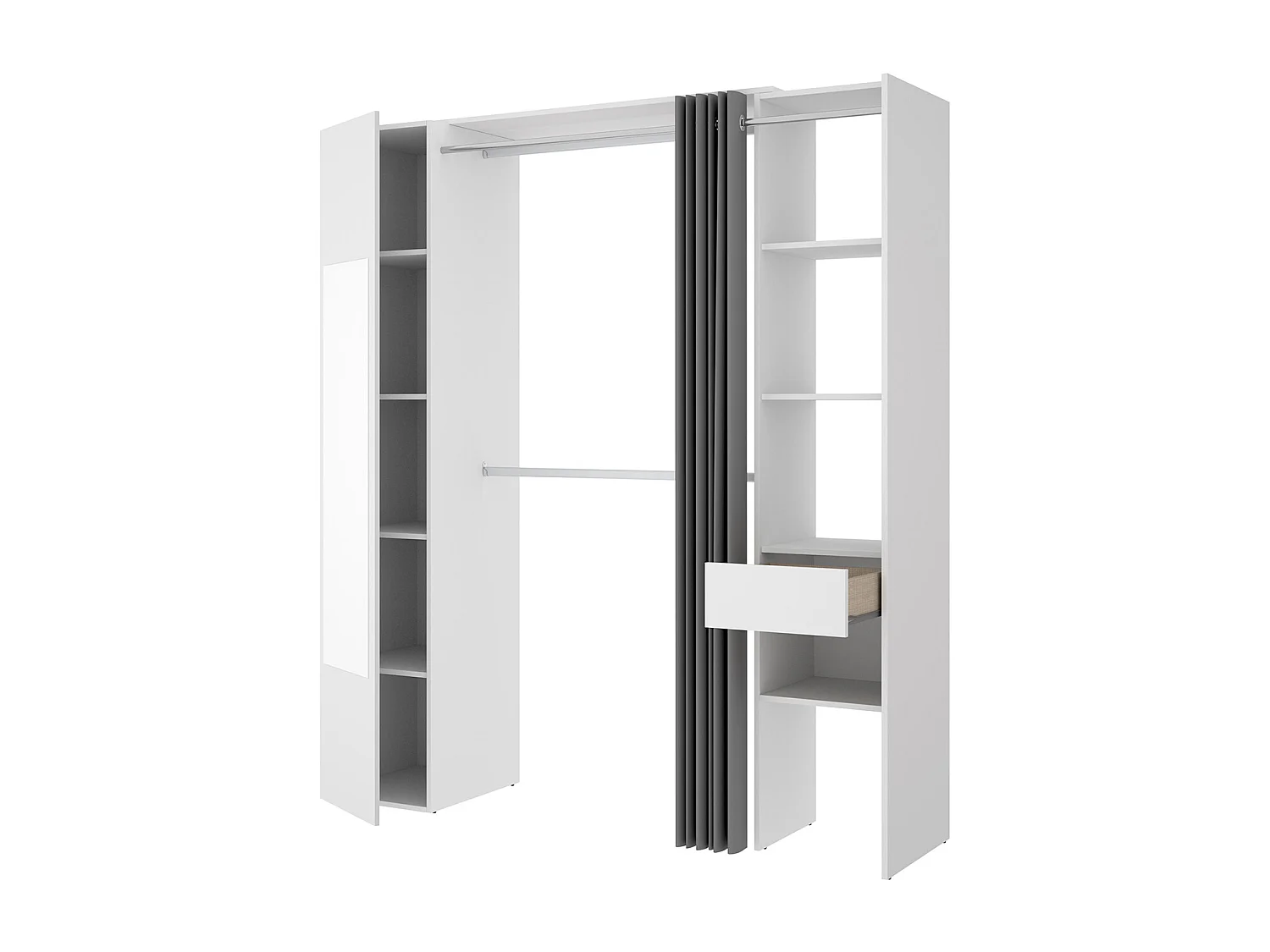 Armoire dressing avec 1 colonne + miroir + rideau coloris blanc - Longueur 177 x Profondeur 52 x Hauteur 205 cm