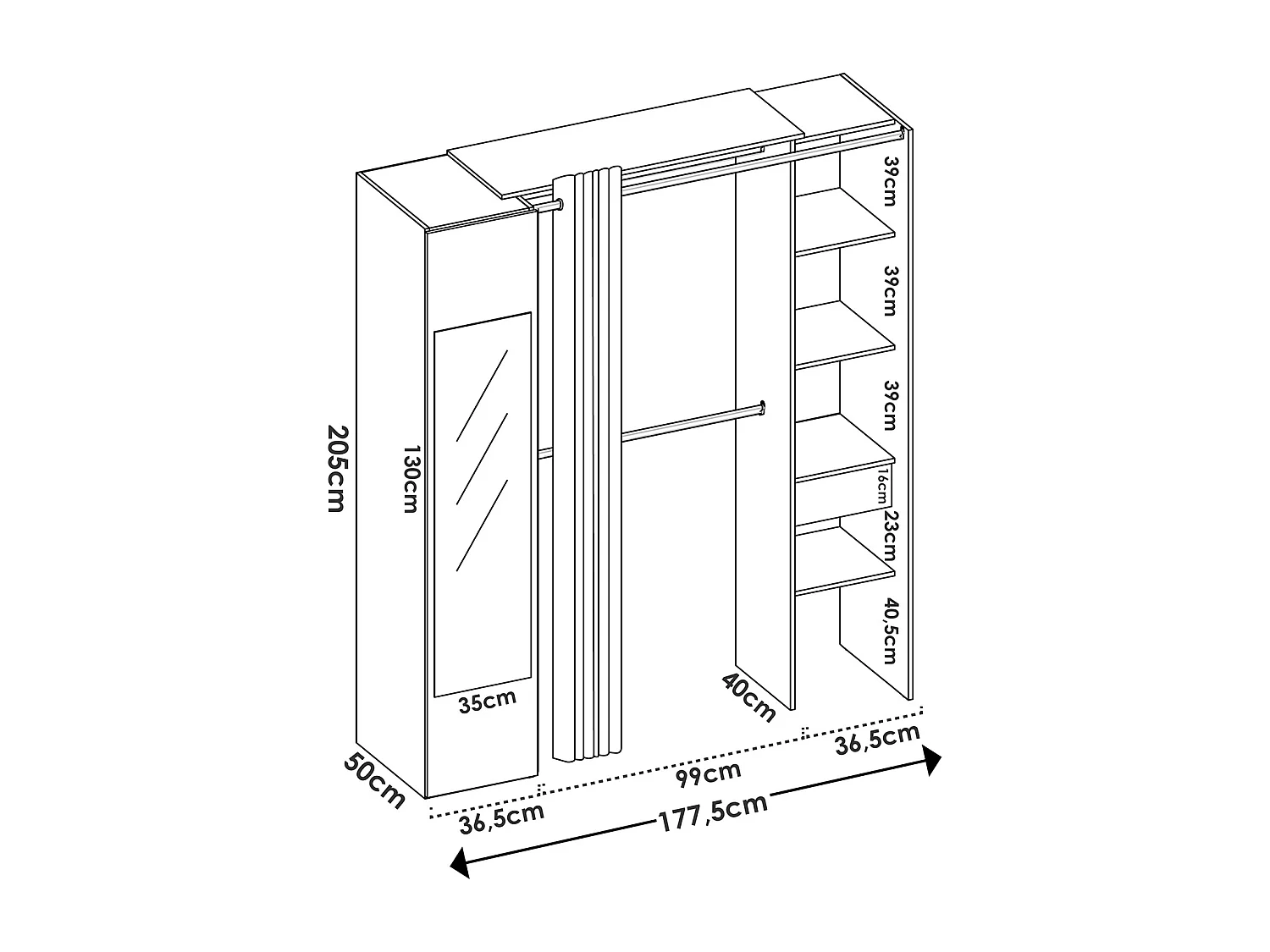 Armoire dressing avec 1 colonne + miroir + rideau coloris blanc - Longueur 177 x Profondeur 52 x Hauteur 205 cm