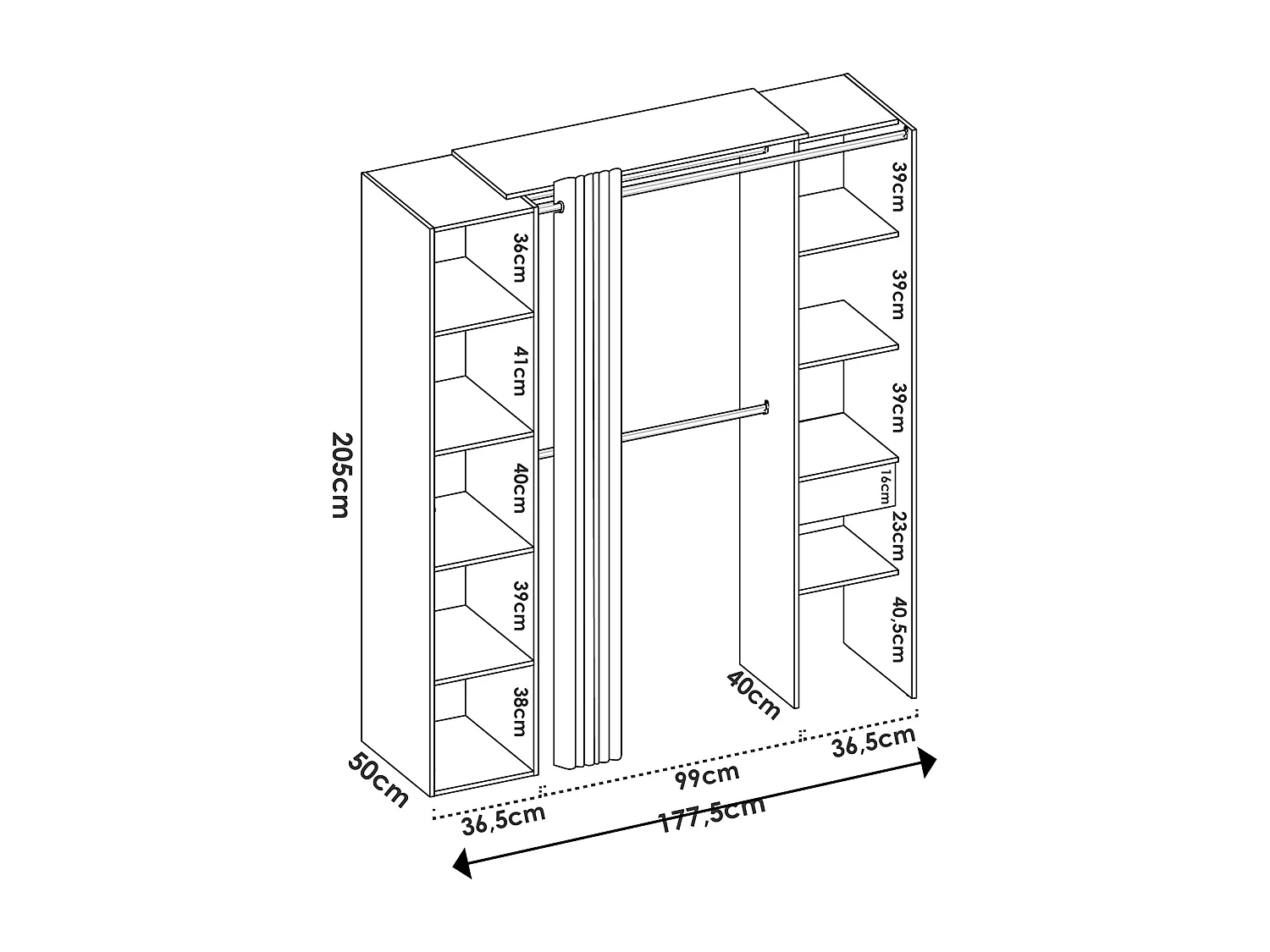 Armoire dressing avec 1 colonne + miroir + rideau coloris blanc - Longueur 177 x Profondeur 52 x Hauteur 205 cm