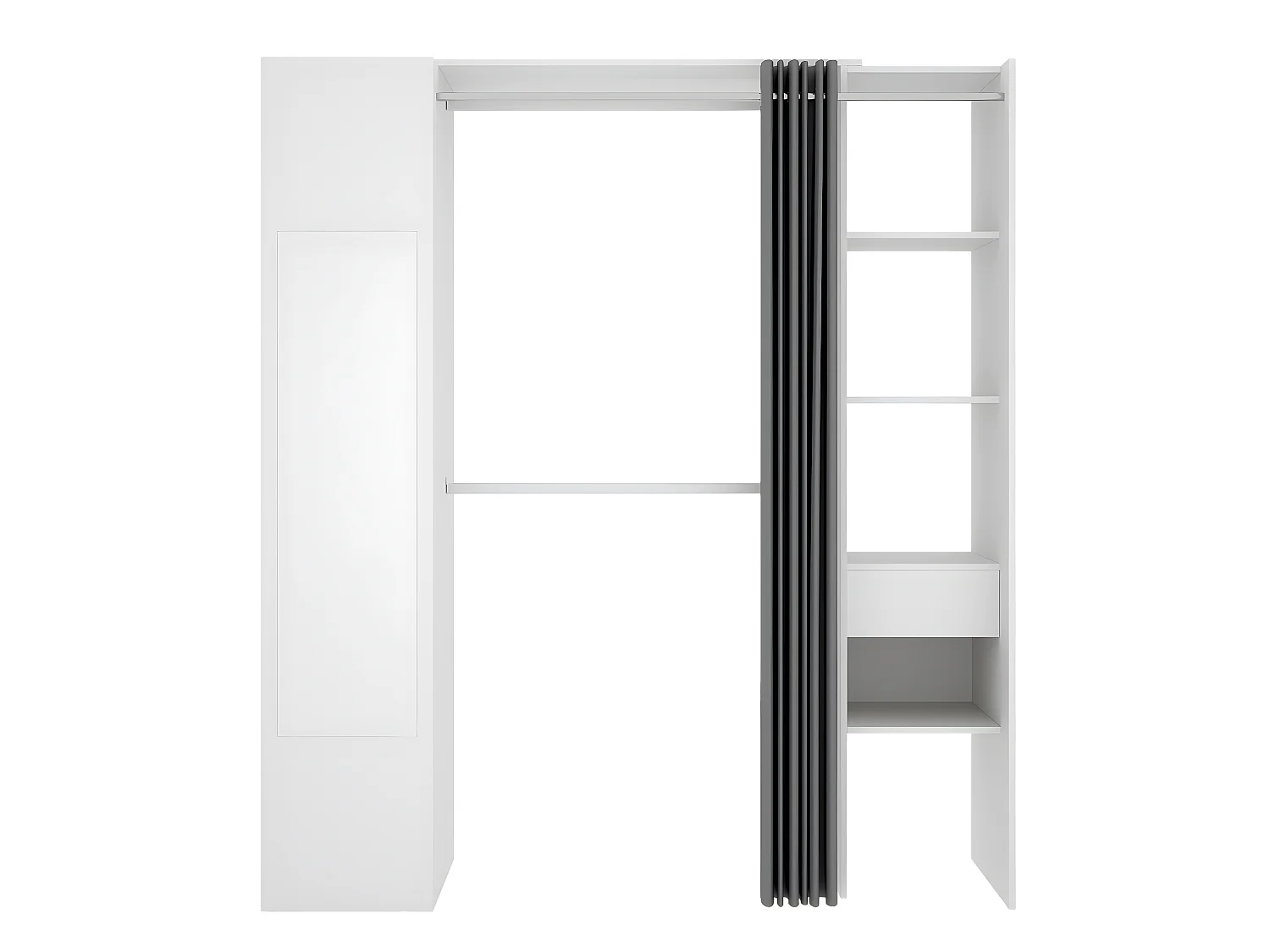 Armoire dressing avec 1 colonne + miroir + rideau coloris blanc - Longueur 177 x Profondeur 52 x Hauteur 205 cm