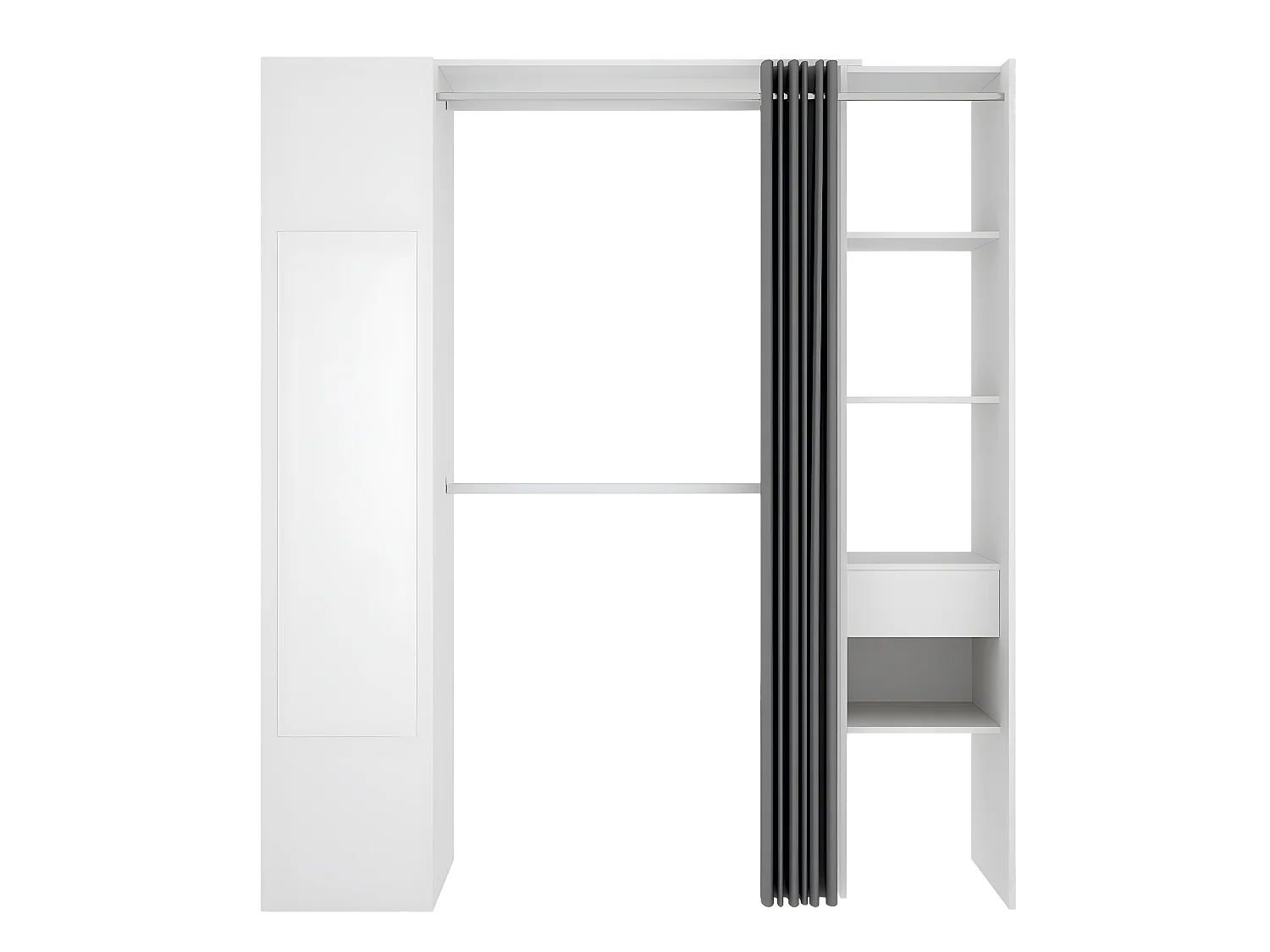 Armoire dressing avec 1 colonne + miroir + rideau coloris blanc - Longueur 177 x Profondeur 52 x Hauteur 205 cm