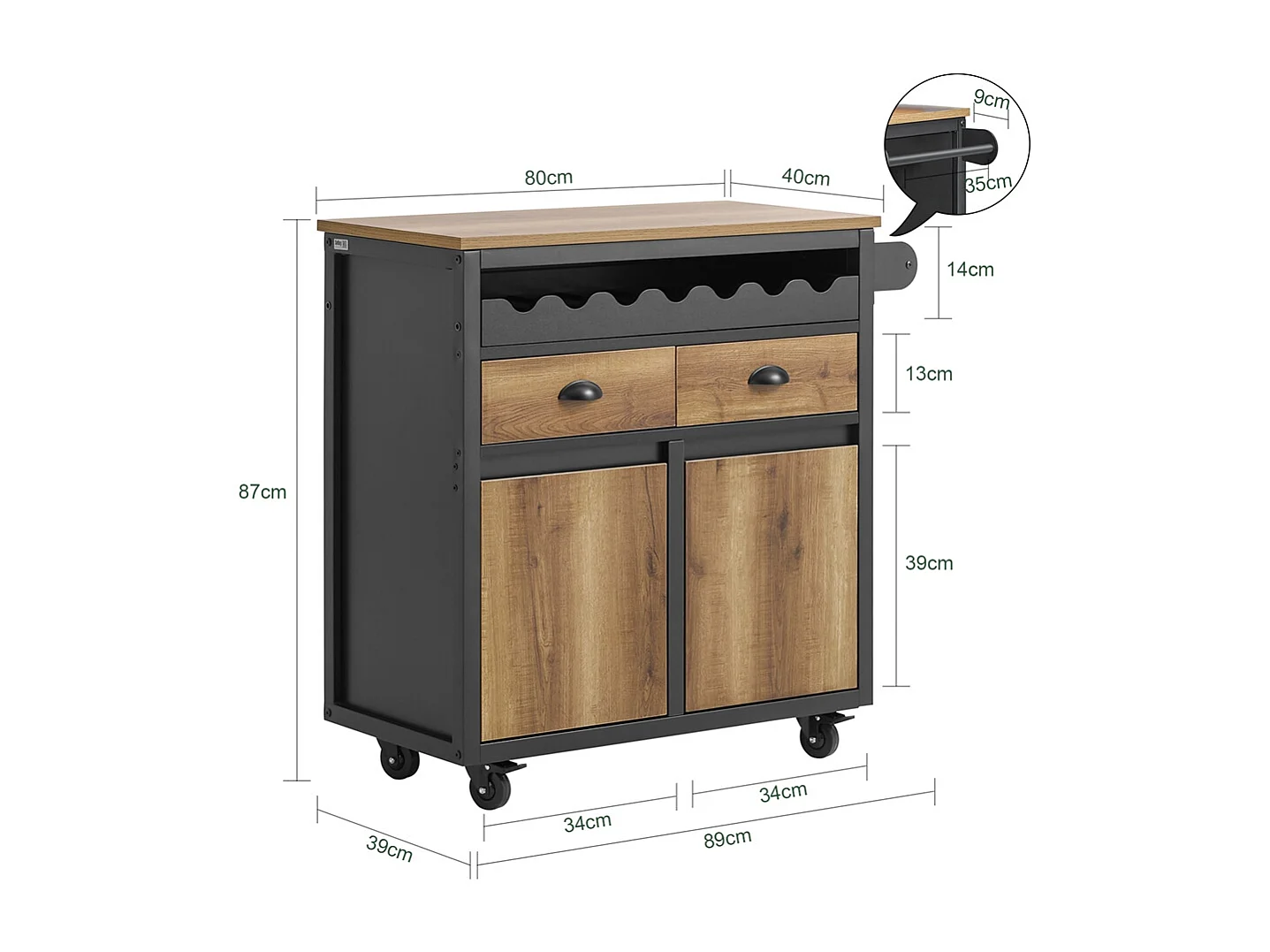 SoBuy FKW122-SCH Desserte de Cuisine à roulettes Chariot de Cuisine îlot de Cuisine, 1 Porte-Bouteilles, 2 Tiroirs et 2 Portes